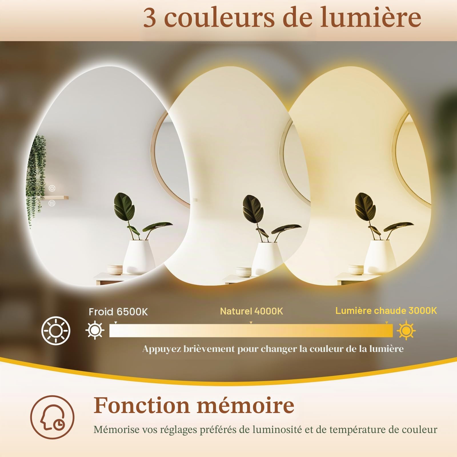 Clevich Miroir de Salle de Bain avec éclairage asymétrique 80 x 60 cm, Miroir LED avec 3 Couleurs de lumière à intensité Variable, Verre trempé, Interrupteur Tactile, Fonction mémoire, Anti-buée