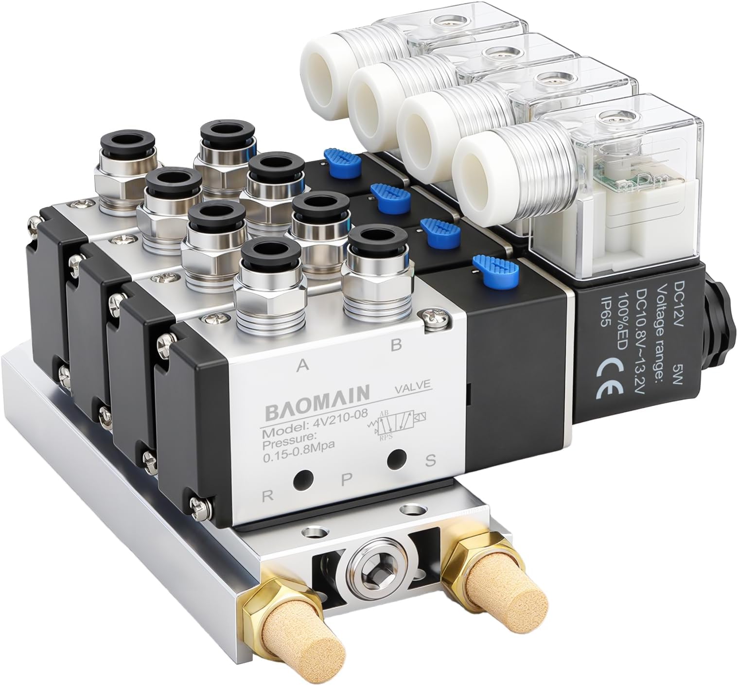Baomain 4 Station Solenoid Valve Manifold, 12V DC 5 Way 2 Position Pneumatic Air Valve, Four Solenoid, 1/4" PT Port, Includes Manifold Base & Mufflers, 4V210-08