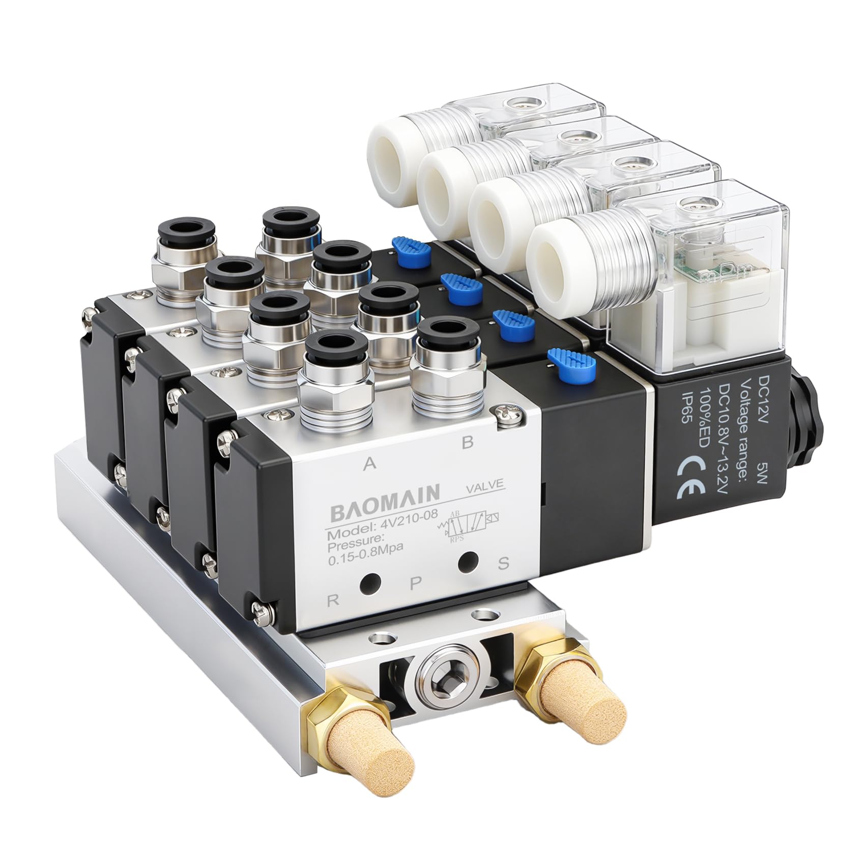 BAOMAIN Magnetventilblock 4-fach, 12V DC, 5/2-Wege 4V210-08, inkl. Ventilblockbasis, Schalldämpfer und 1/4" PT Anschlüsse, Pneumatik-Steuerventil-Set
