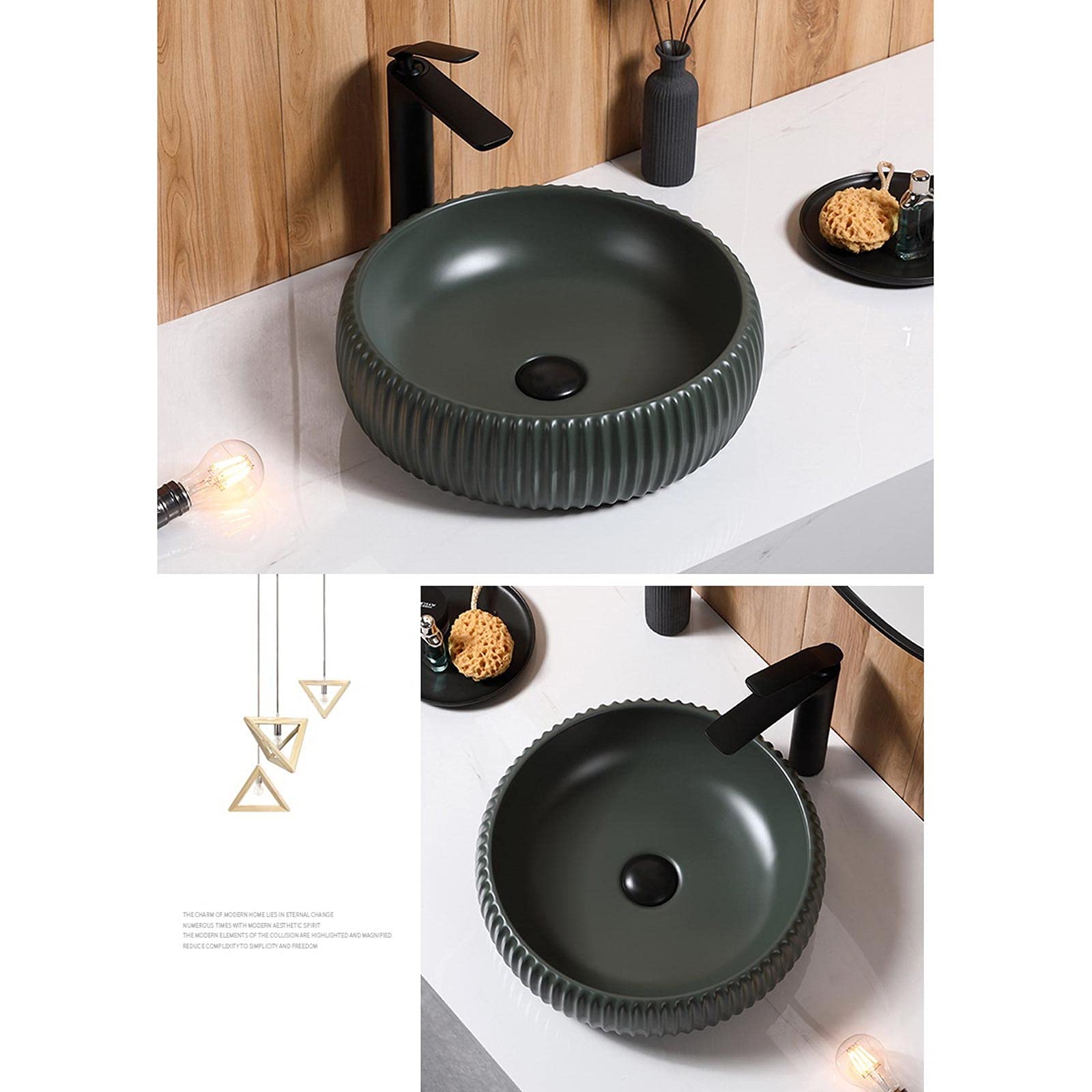 Lavabo De Baño Lavabo De Sobreponer De 15,7 X 5,1 Pulgadas, Lavabo De Porcelana Redondo De Color Verde Oscuro, Lavabo De Cerámica para Baño,B-One Size