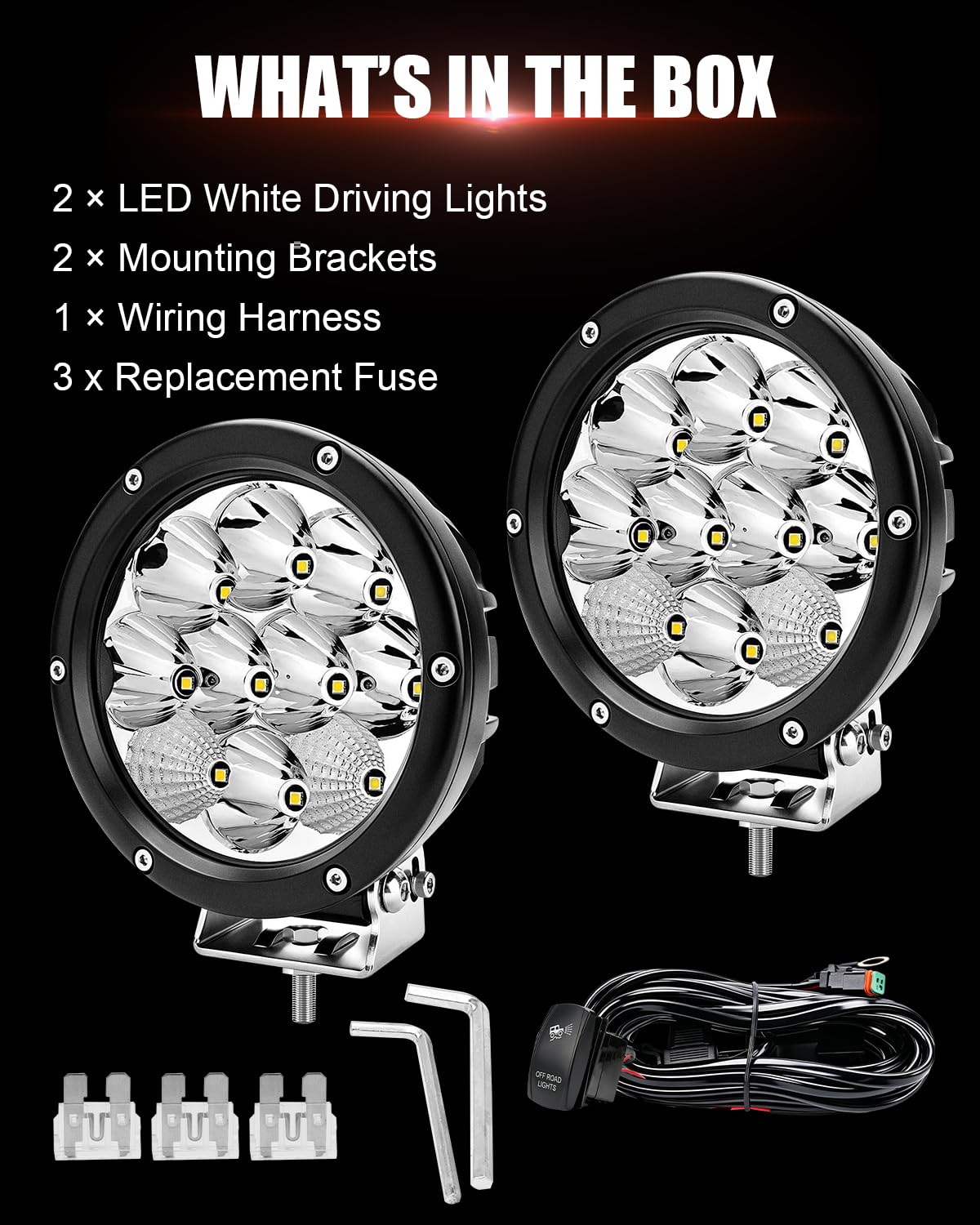 Chelhead Reflektor roboczy LED okrągły 50 W, 5,7 cala, 6500 lm, reflektor punktowy i floodowy, wodoodporny IP68, zestaw okablowania 1 mm², kompatybilny z 10-30 V DC quad SSV SUV pickup (biały)