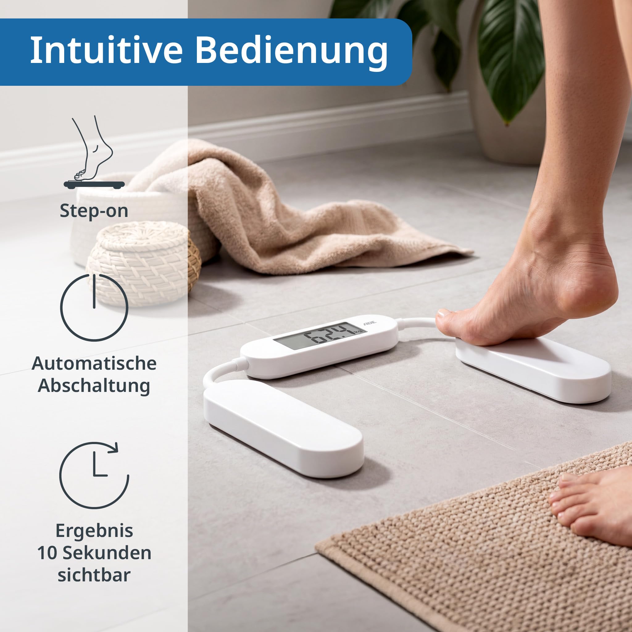 ADE Faltbare Reisewaage | digitale Personenwaage mit 180 kg Tragkraft in 100-g-Schritten | präzise Körperwaage mit LCD-Display