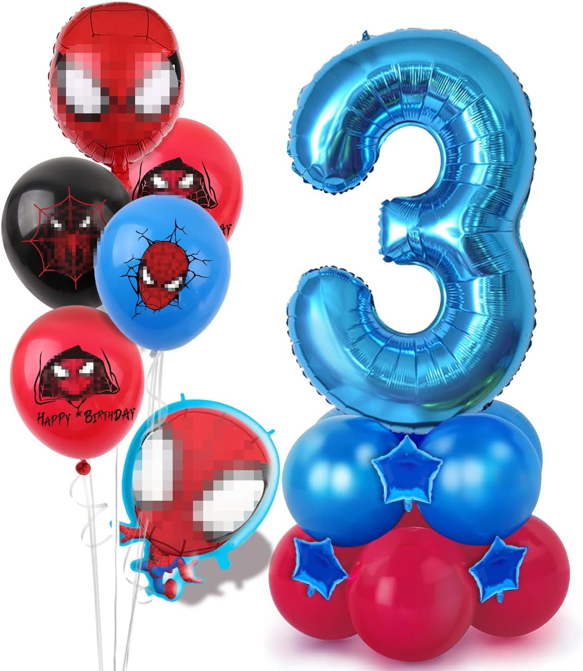 40inch Blue Number 3 Balloon and Spider Birthday Balloon, Blue Age 3 Birthday Decoration for Kid‘s Party and Spider Theme Party