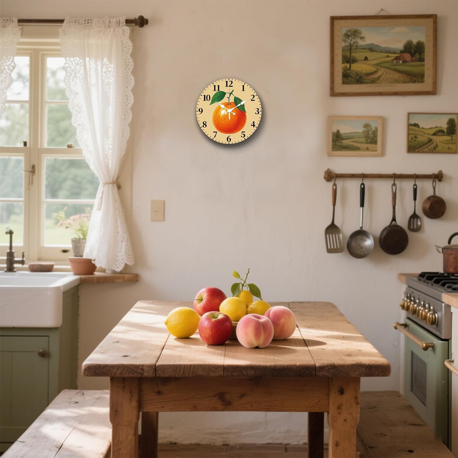 CHGCRAFT Oranges Wall Clock 12 Inch Green Leaves Clock Round Decorative Clocks for Bedroom Living Room Kitchen Office