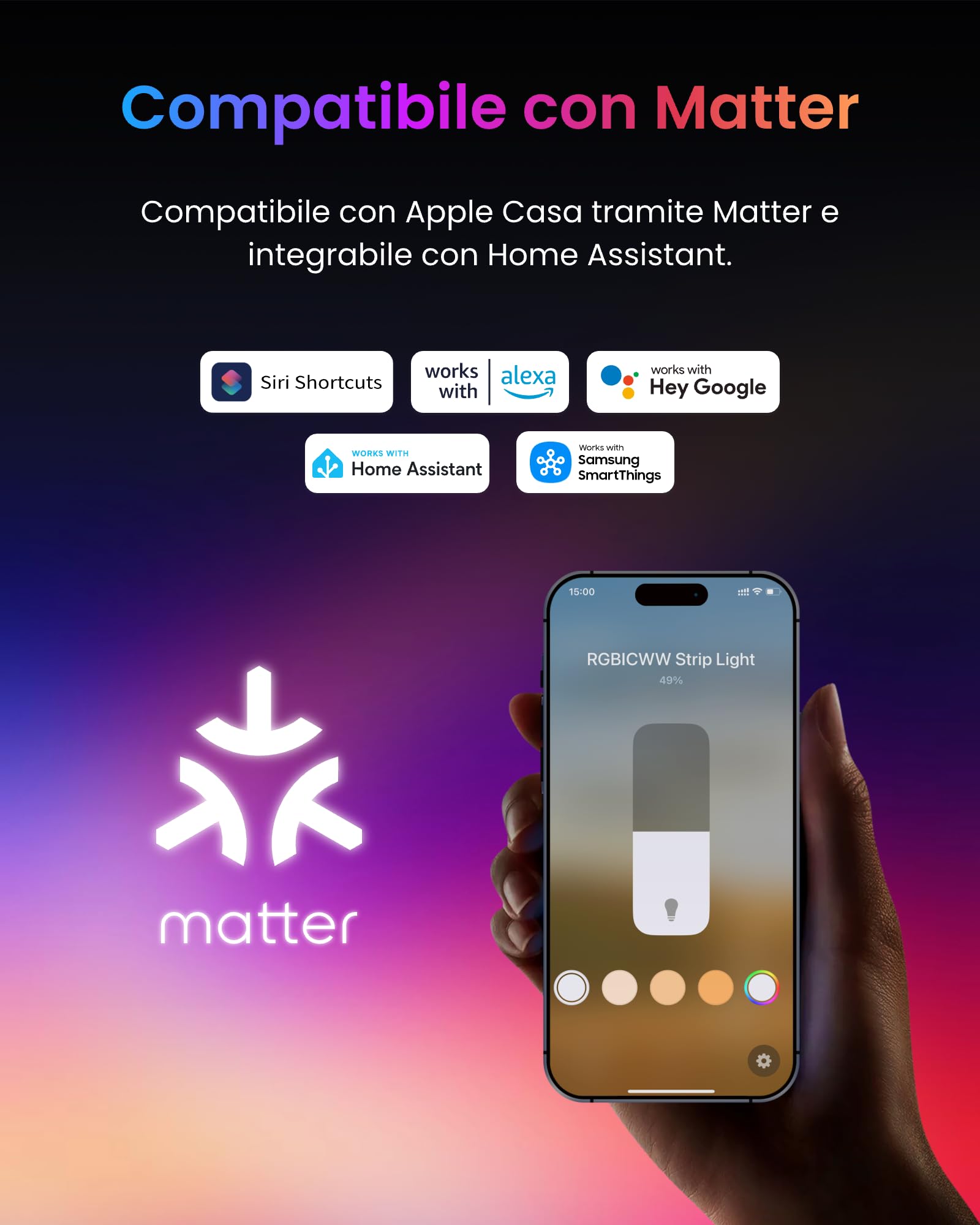 SwitchBot RGBICWW Striscia LED 5M, 72 LEDs/m Matter Luci LED Compatibili con Apple Home, Alexa, Google Home, 16 Milioni di Colori, Sincronizzazione Musicale, Smart Luci LED Camera da Letto, Cucina