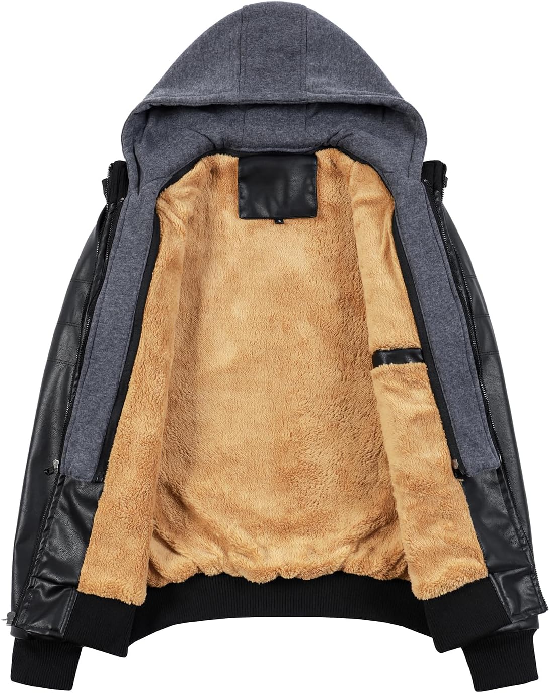 HOOD CREW Men’s Casual Stand Collar PU Faux Leather Zip-Up Motorcycle Bomber Jacket With a Removable Hood - Image 6