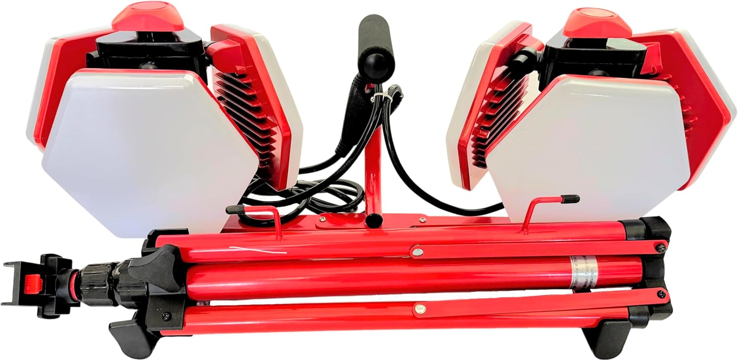 Red Rock 360º 20000 Lumen Industrial Grade Led Worklight, Work Light, 2-10000 Lumen Lamp Heads, Wet Location, 55” Tool-Free Tripod Stand, Garage, Workshop, Job Site, Construction Site.