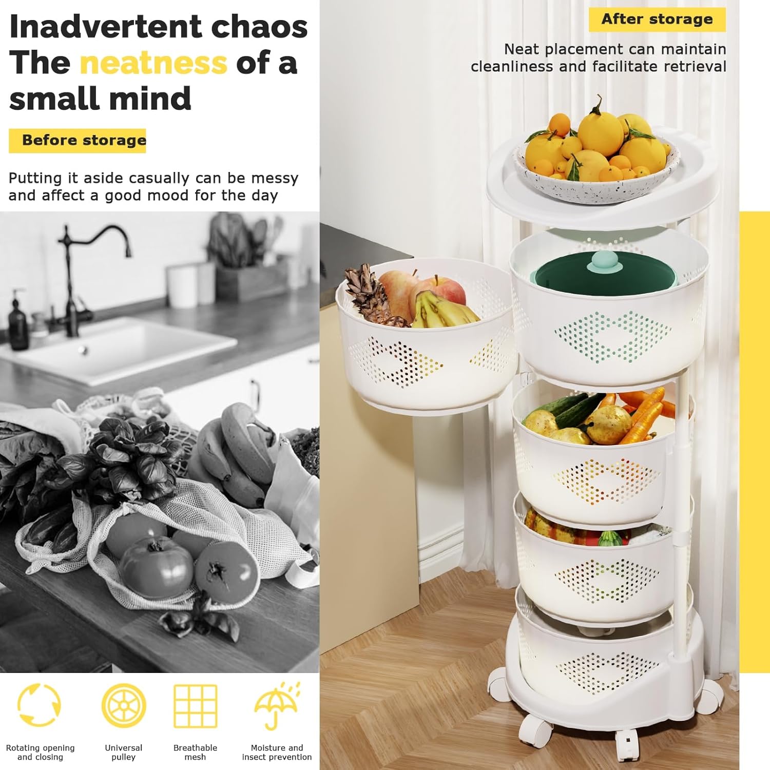 5 Tier Circular Rotating Basket, White Rotating Storage Rack with 360 Degree Wheels, Hollow Mesh & Heighten Guardrail Rotating Storage Shelf Cart, Rotatable Basket Cart for Kitchen Bathroom