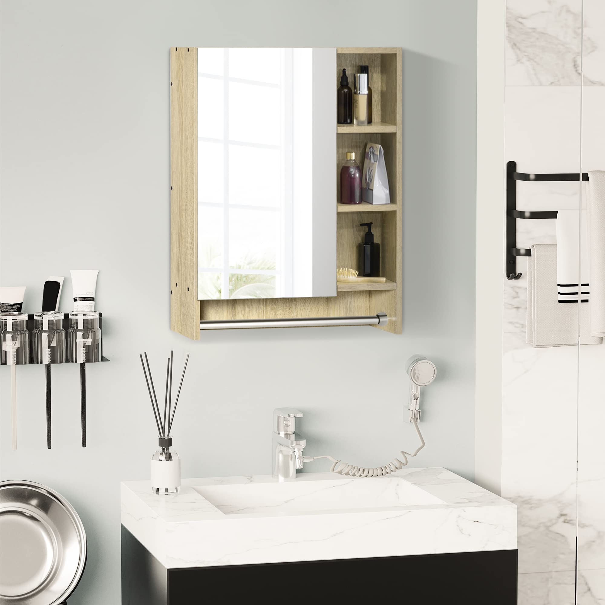 kleankin Armario de Baño con Espejo Armario de Pared con 1 Puerta Estante Ajustable Toallero y Compartimento Mueble de Baño Colgante para Salón 60x15x70 cm Roble