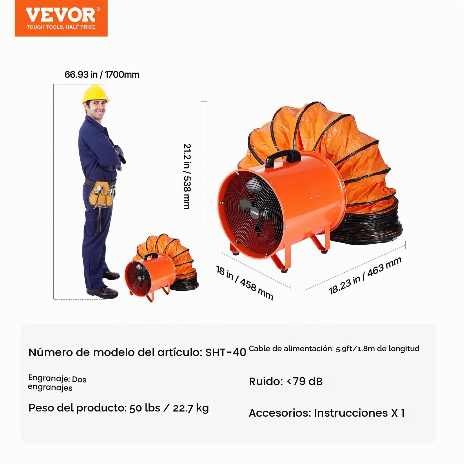 VEVOR Ventilador Extractor Industrial 900 W Extractor de Aire Conducto 406,4 mm Manguera de Extracción 10 m Volumen de Aire de 8792 m3/h Extractor de Aire 2 Engranajes para Extracción de Polvo y Humo