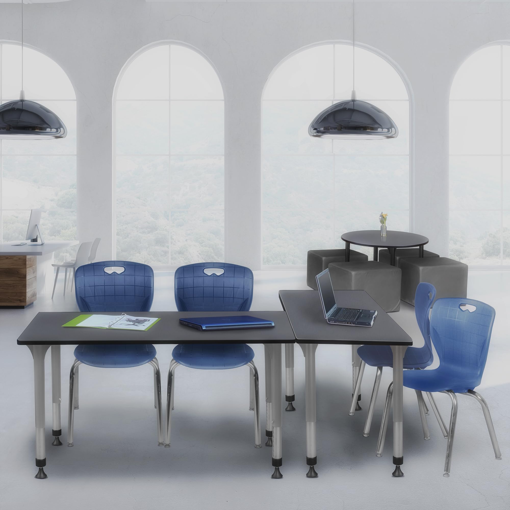 Romig Kee Classroom Activity Table & Chair Kit 4, 60 x 30, Chrome|Grey|Navy Blue