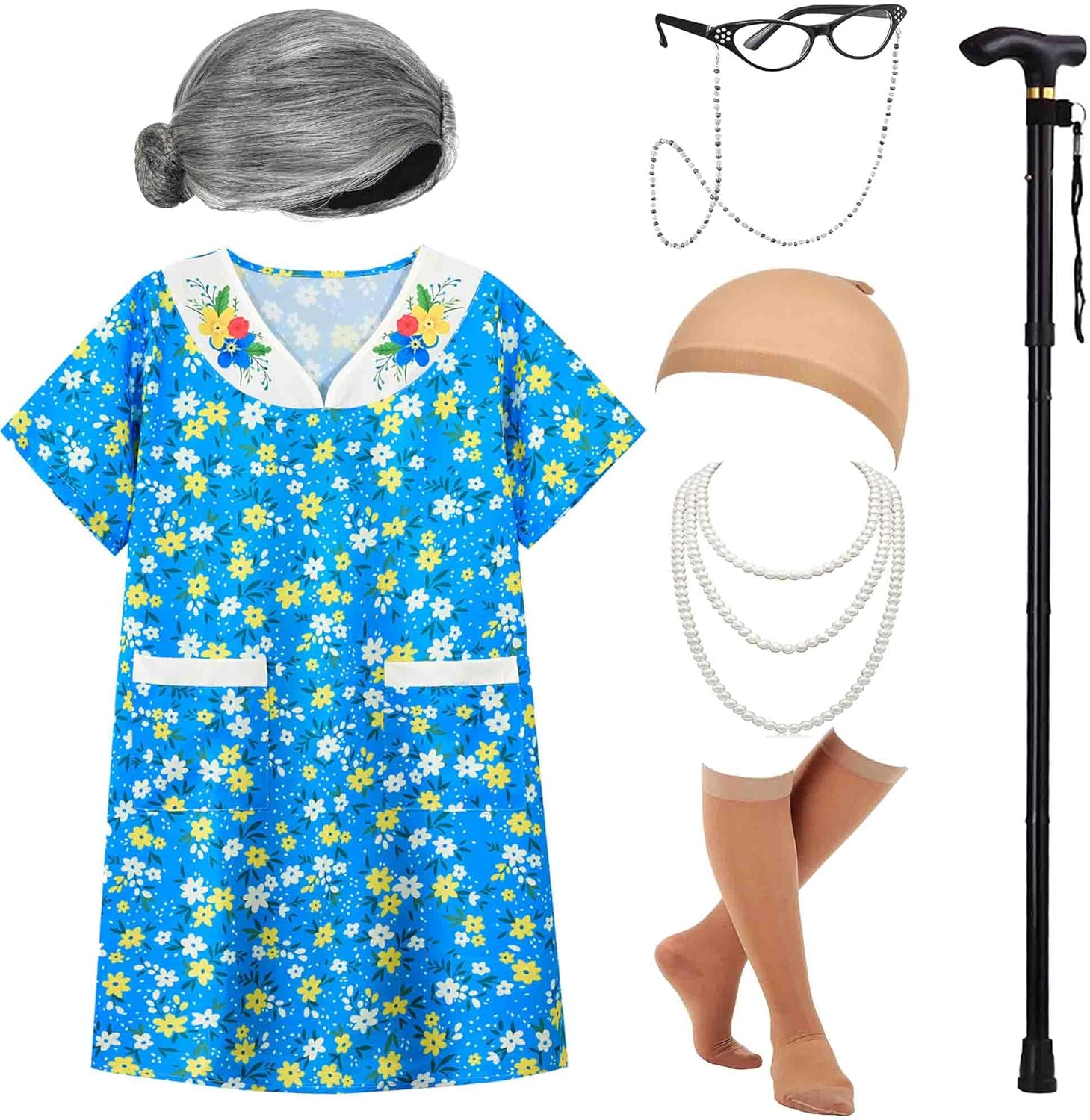 Girls 100 Days School Costume - Old Lady Wig, Dress & Accessories for Girls, Ages 3-10 - Image 5