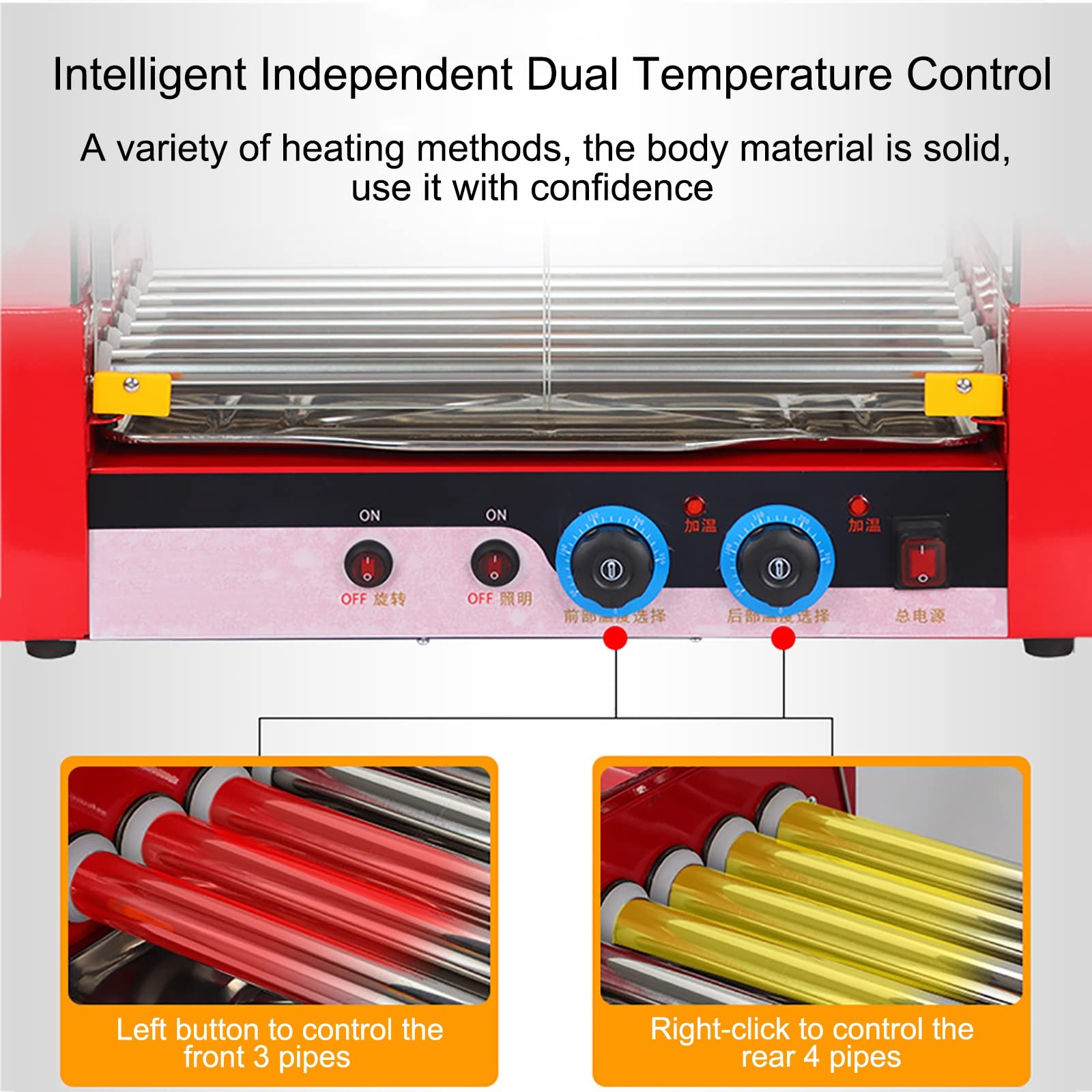 Hot Dog Roller Machine, Sausage Grill Cooker Machine 24 Hot Dog 7 Roller Grill Cooker Machine con bandeja de goteo de acero inoxidable extraíble y cubierta de campana de vidrio, luces LED, 1080W (Si