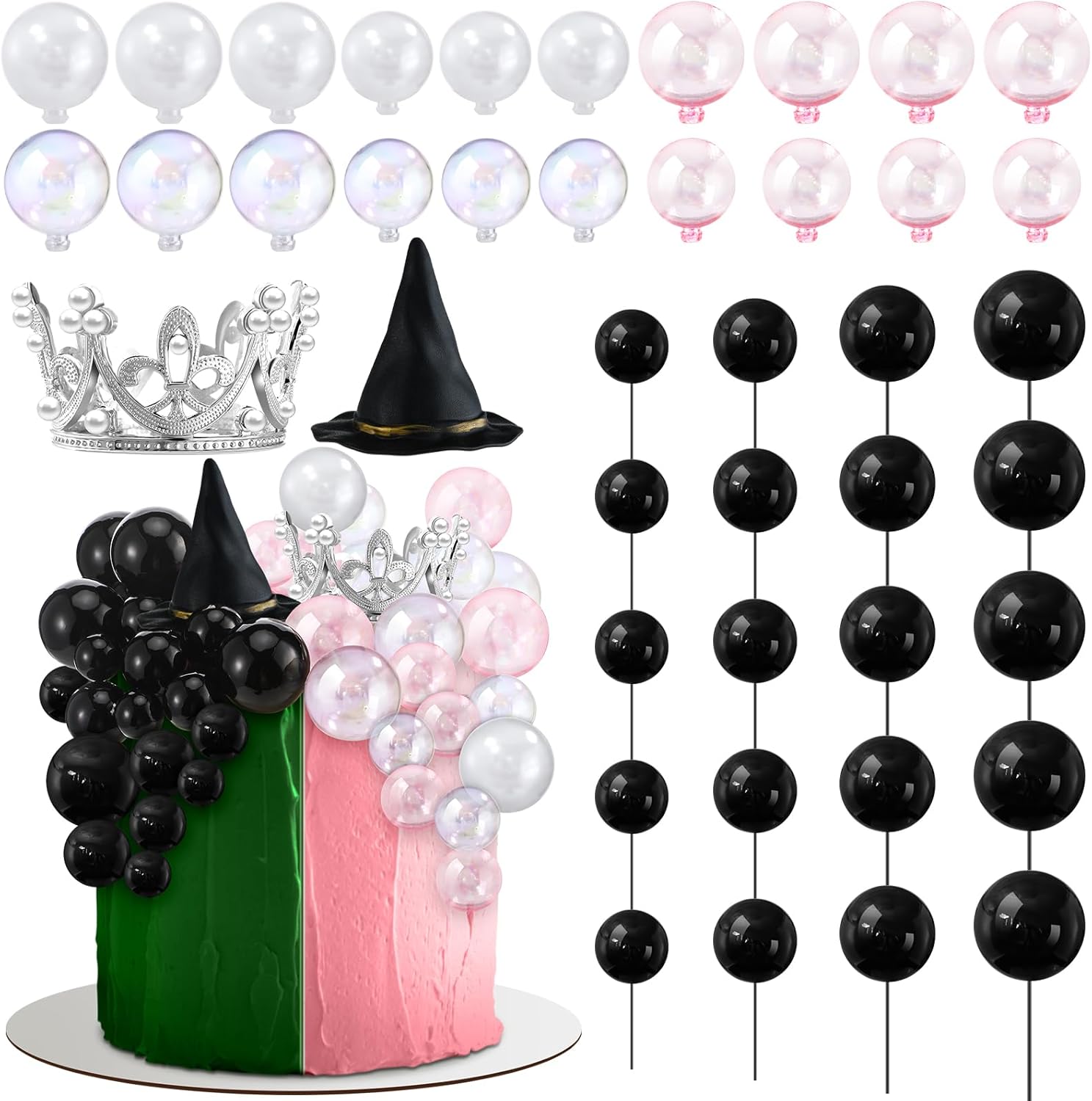 Geelin 42pcs Witch Theme Party Supplies Black Balloons Cake Topper Mini Balloons, Silver Plastic Crown and Black Women Witch Hat Fantasy Cake Decoration Balls for Birthday Cake Decoration