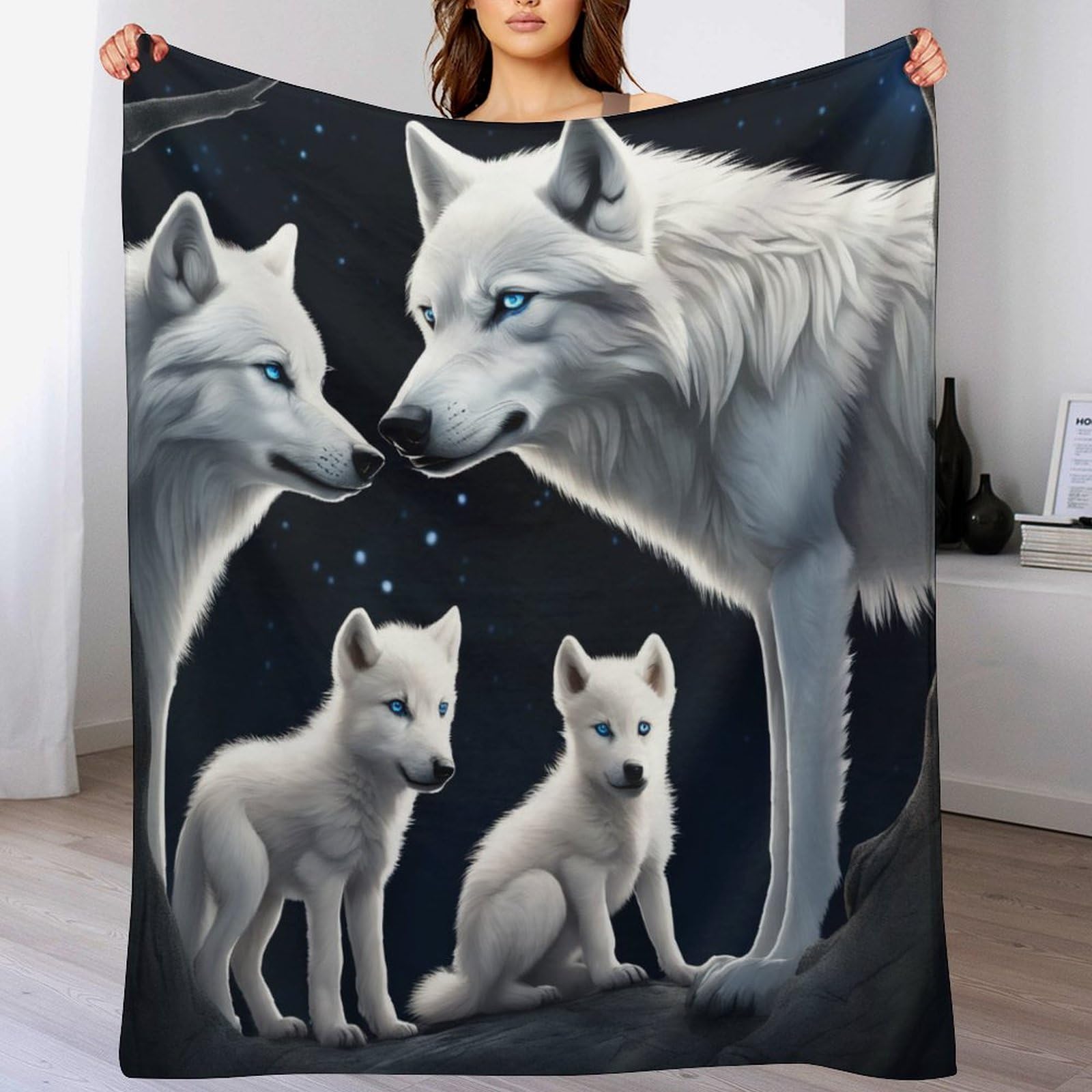 Couverture polaire loup 140x180cm, plaid en flannel épais et chaud pour lit