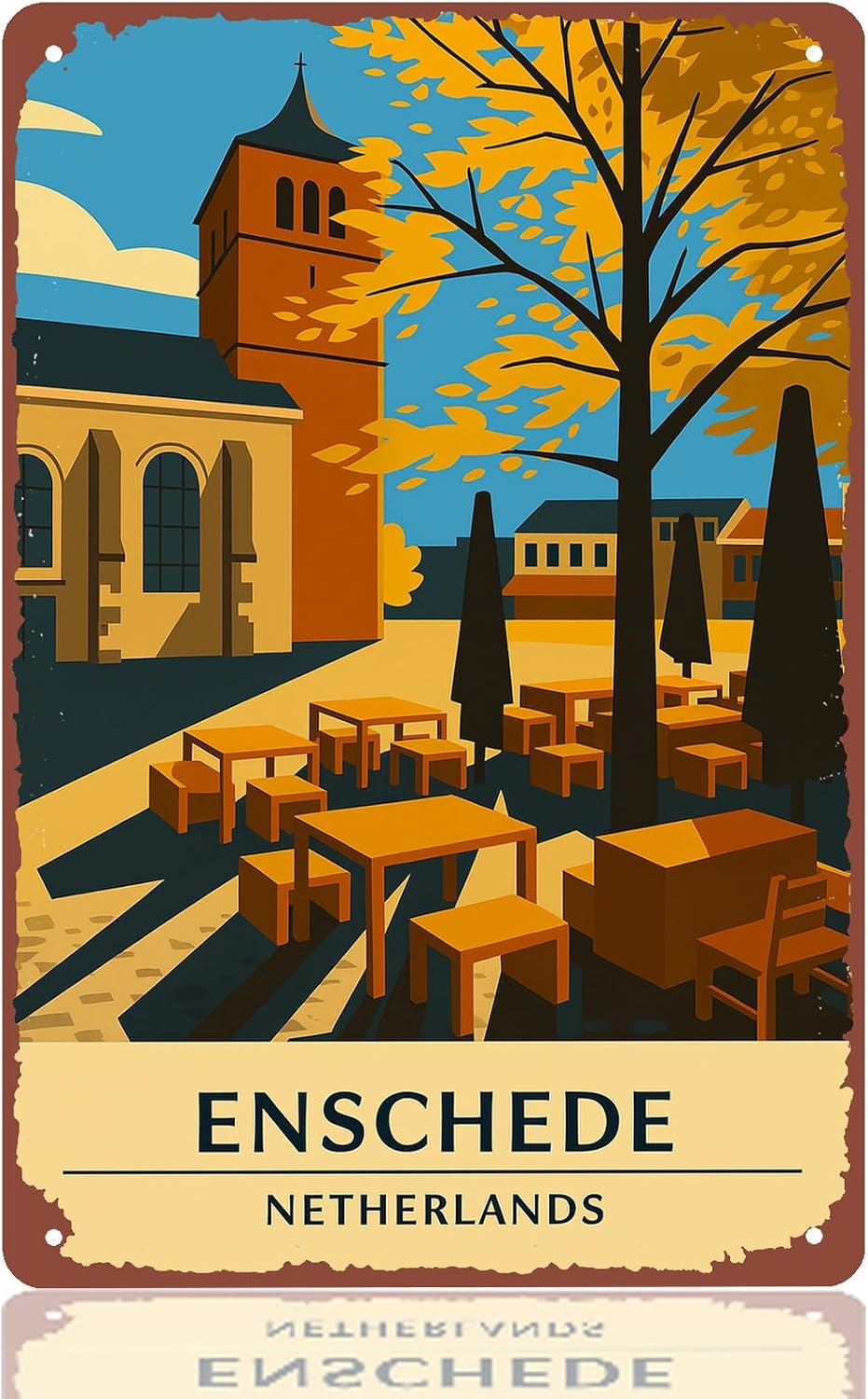 Enschede Retro Travel Pattern Metal Signs for Wall Display 8x12 inch