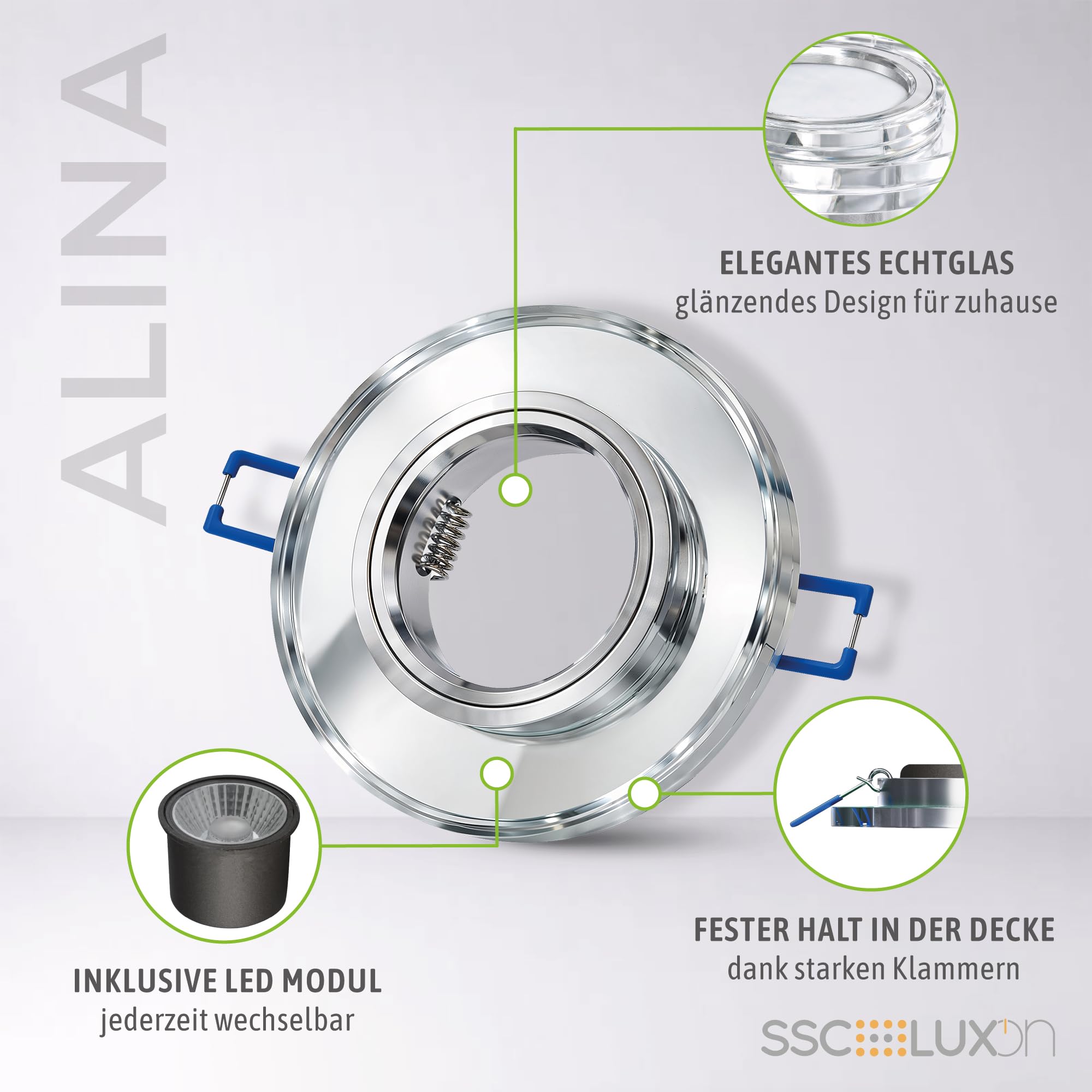 SSC-LUXon Glas LED Decken Einbaustrahler Einbauleuchte dimmbar & super flach (30mm) runde Form mit 6W LED Modul warmweiß 2700K