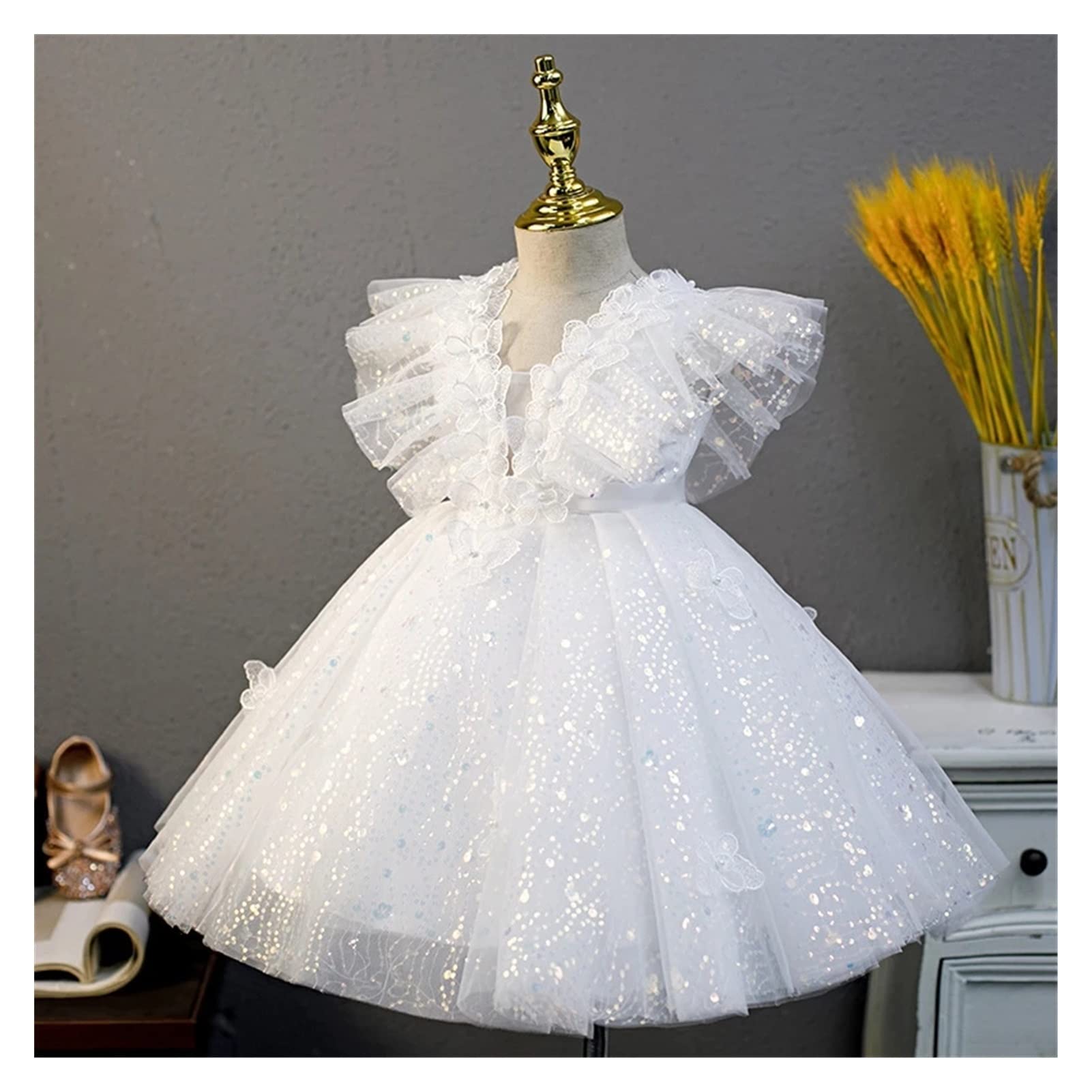 【服装】Princess Dress Sequined Girls Wedding Evening Clothing Ball Gown Dresses for Girl（童装）s White Lace Dress (Color : A, Size : 9T)