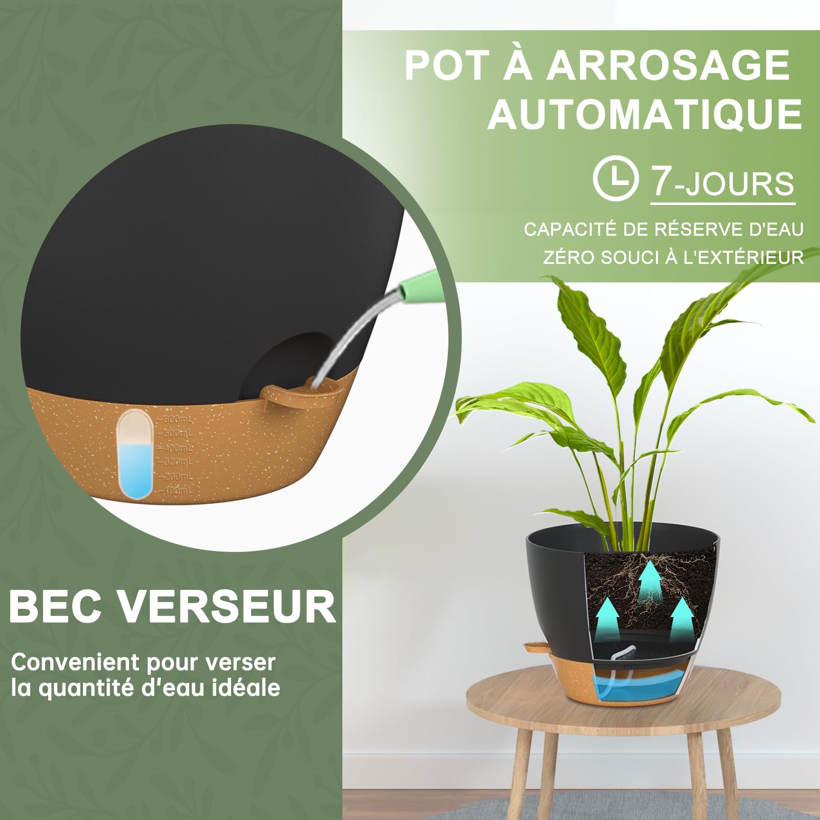 ZMTECH Pot à Plantes Suspendu Auto-arrosant de 20 cm avec Trous de Drainage et Soucoupe Pot à Fleurs en Plastique pour Plantes d'Intérieur et d'Extérieur (Noir, Lot de 2)