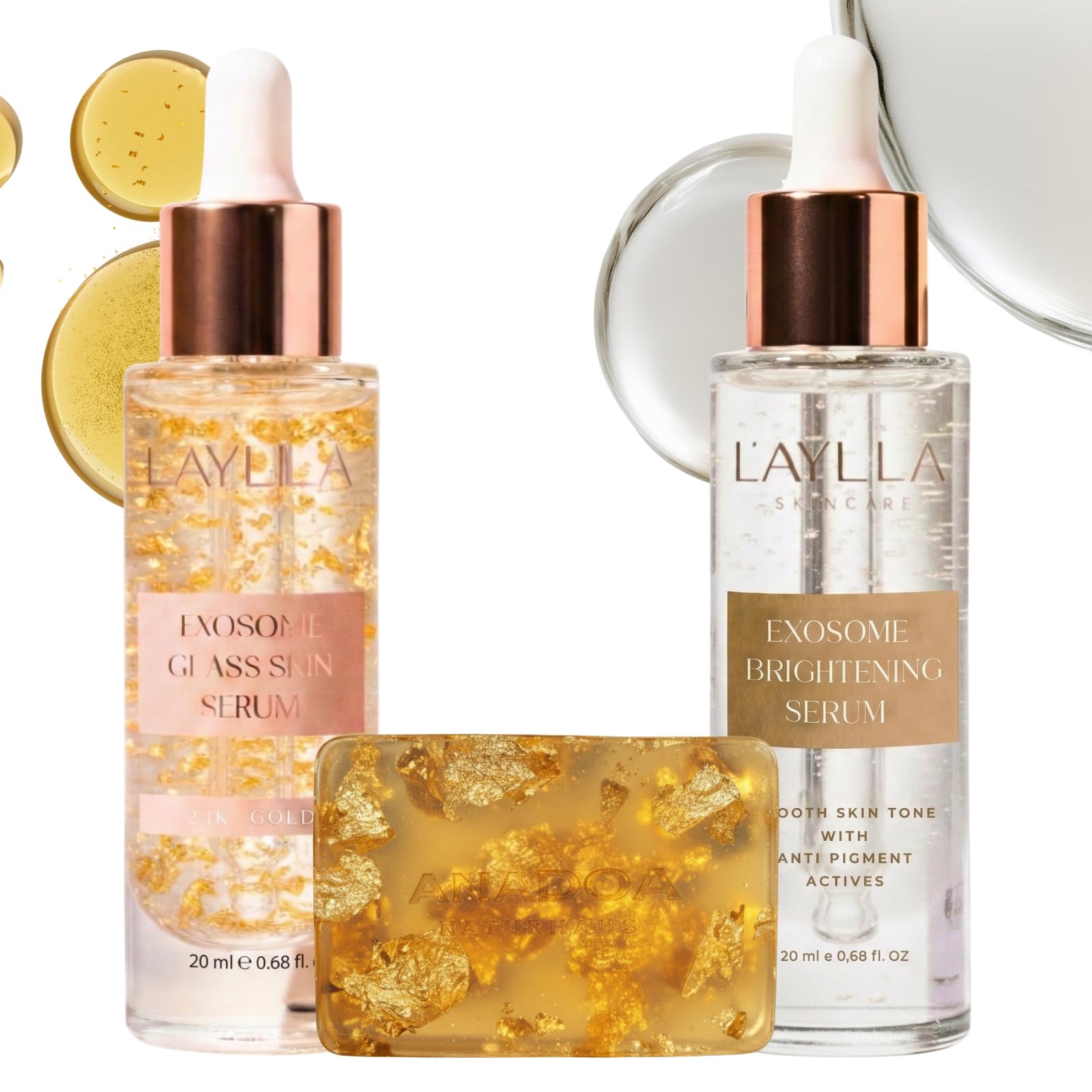 L'AYLLA Gold & Exosome Set (2x20ml + 120g) – Brightening Serum, Glass Skin Serum & 24K Gold Seife – Zellregeneration & Strahlkraft – Mit Arbutin & Niacinamid