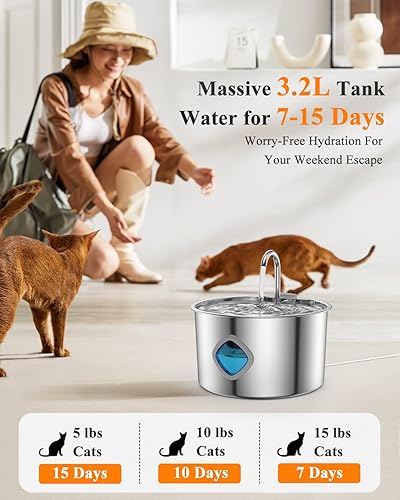 Miniatura 2 de Fuente de agua para gatos de acero inoxidable 3.2L108 onzas, dispensador automático de agua de gran capacidad para gatos en interiores con kit de 3
