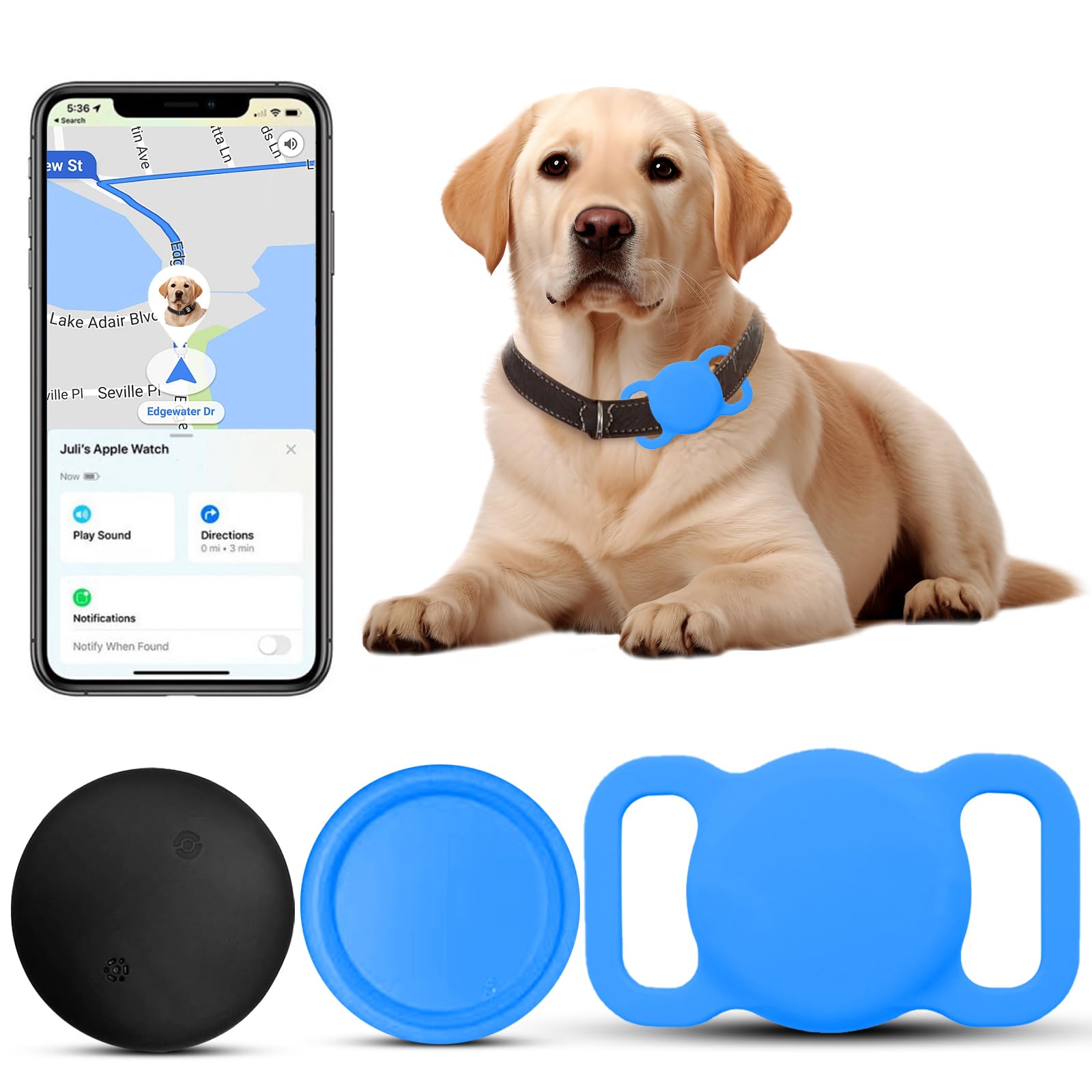 Dog Tracker with Collar Holder, Smart Pet Tracker, MFi Certificated Tracking Device, Waterproof Bluetooth, No Monthly Fee, Works with Find My, Not GPS Tracker (iOS Only) (Sky Blue, M)