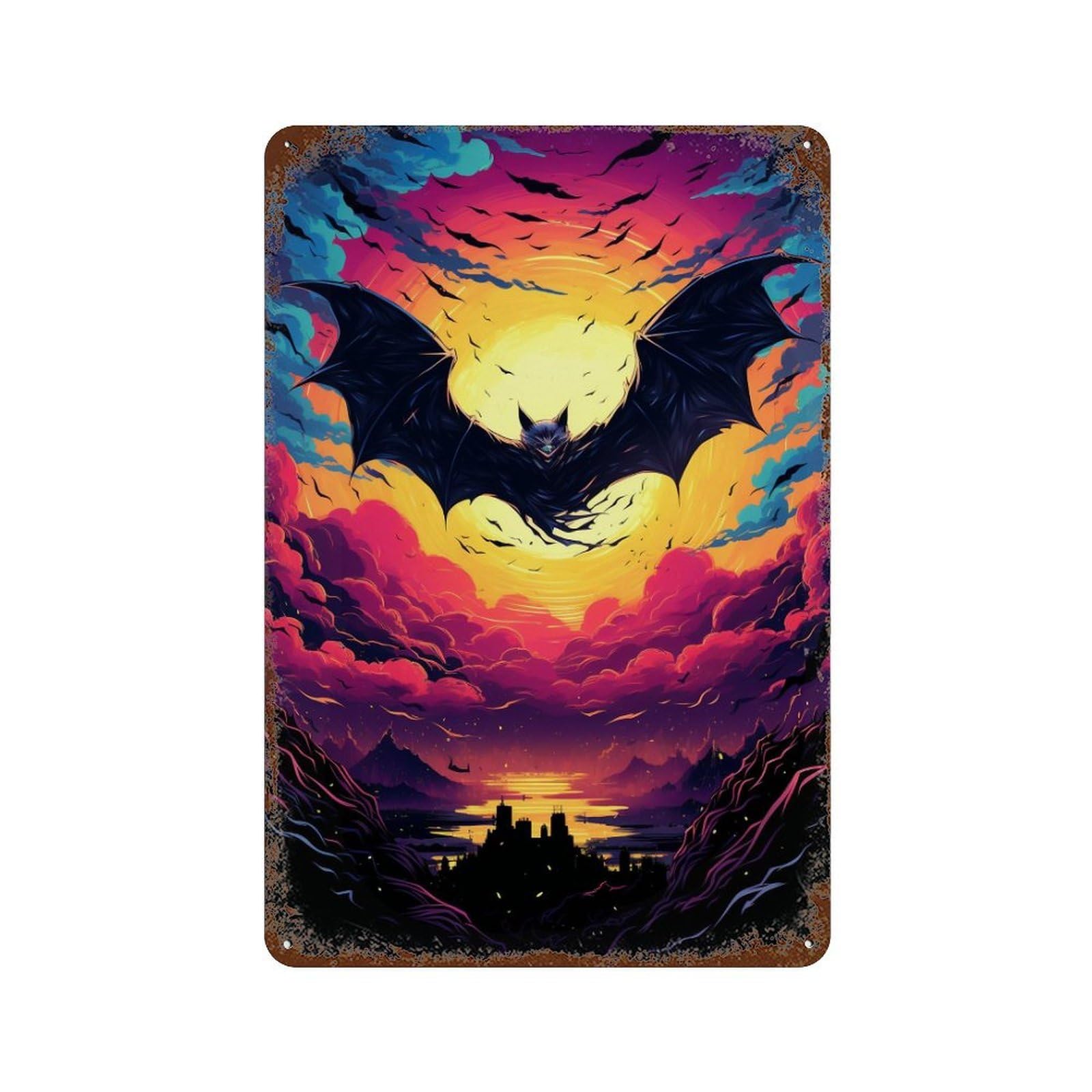 Bat Skyline Sunset 11.8"x7.9" Vintage Rust Metal Sign, Classic Wall Plaque for Office, Studio And Wall Decor