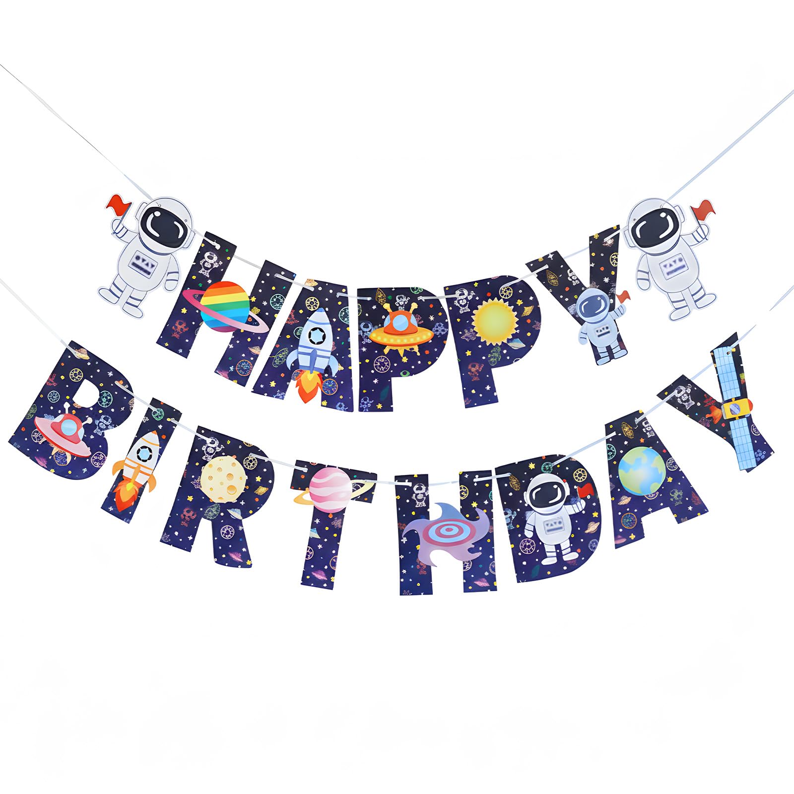 Astronaut Happy Birthday Banner, Space-Themed Garland with Planets and Rockets Design, Kids Outer Space Birthday Decorations, Colorful Wall Hanging