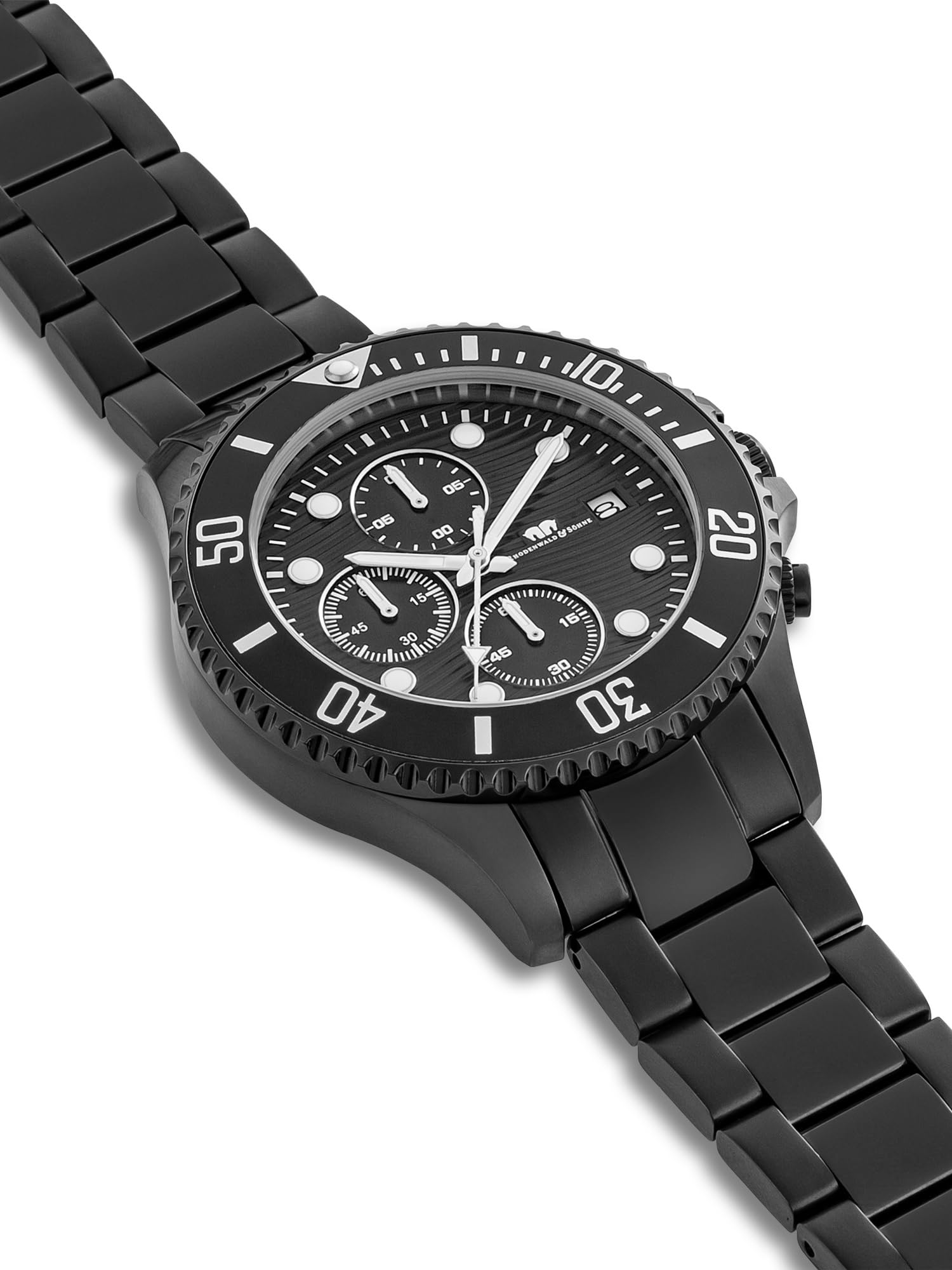 Rhodenwald & Söhne Herren Uhr Edelstahl schwarz Quarzwerk 5 ATM | Edelstahl Armband, schwarz, Gliederarmband, Chronograph, Zifferblatt schwarz, Mineralglas, Armbanduhr