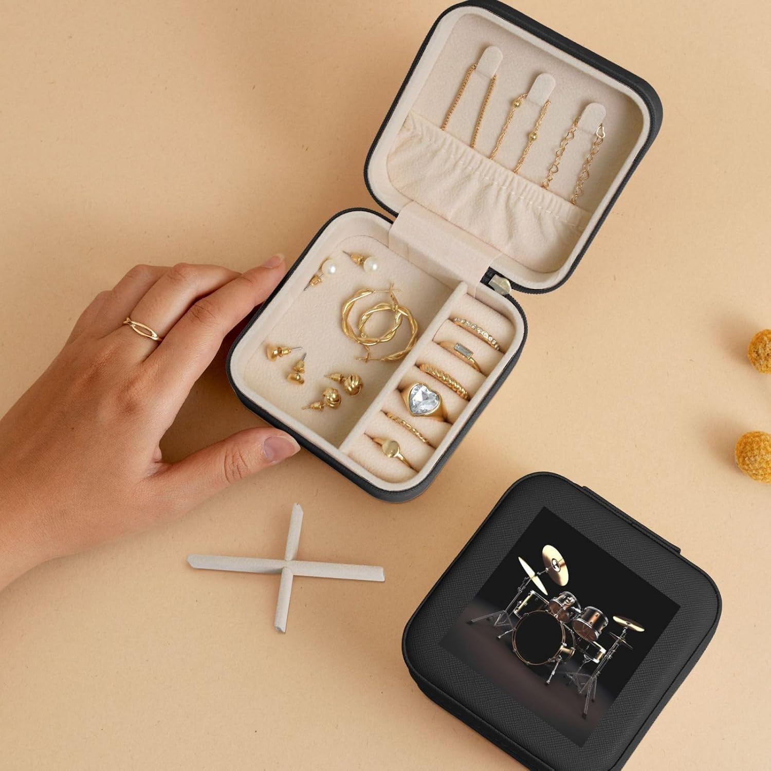 Jewelry Box for Women PU Leather Small Jewelry Organizer Box with Zipper Mini Travel Case Cool Drum Set Display Storage Holder Boxes for Earrings Rings Necklaces Bracelets image 5