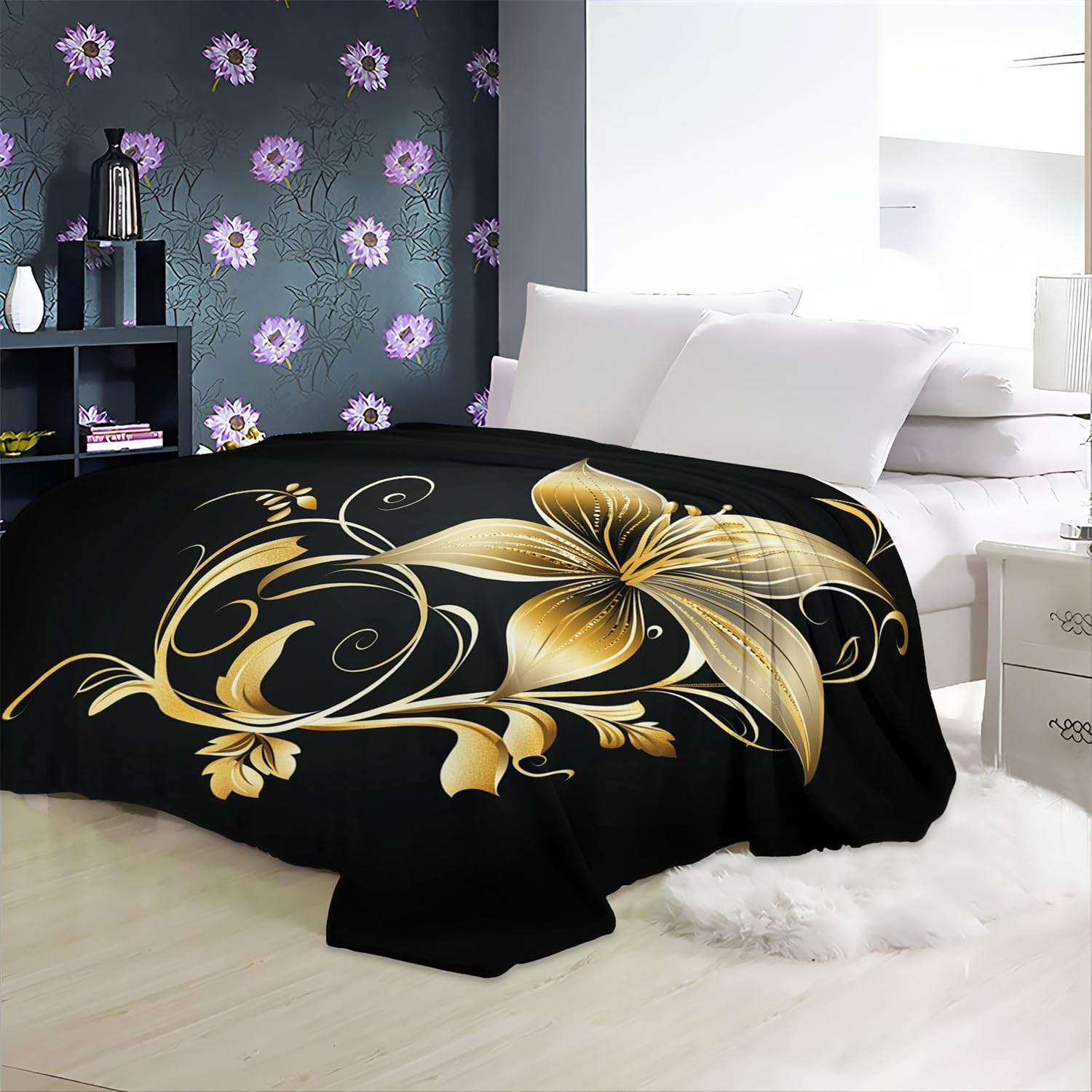 Blankets Soft Cozy Golden Flower Lily Flannel Bedding Gold Sherpa Fleece Blanket For Sofa Couch Living Room Bedroom Double