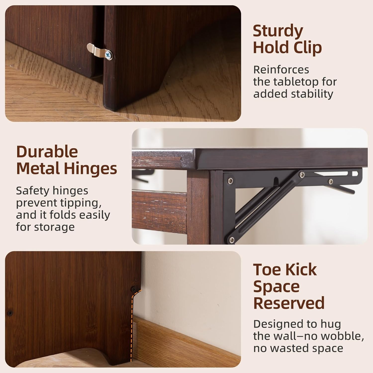 Bamboo Folding Desk with Storage, Space-Saving Foldable Computer Desk for Small Spaces, Writing Study Table for Home Office, Bedroom, Dorm, Apartment,Dark Brown