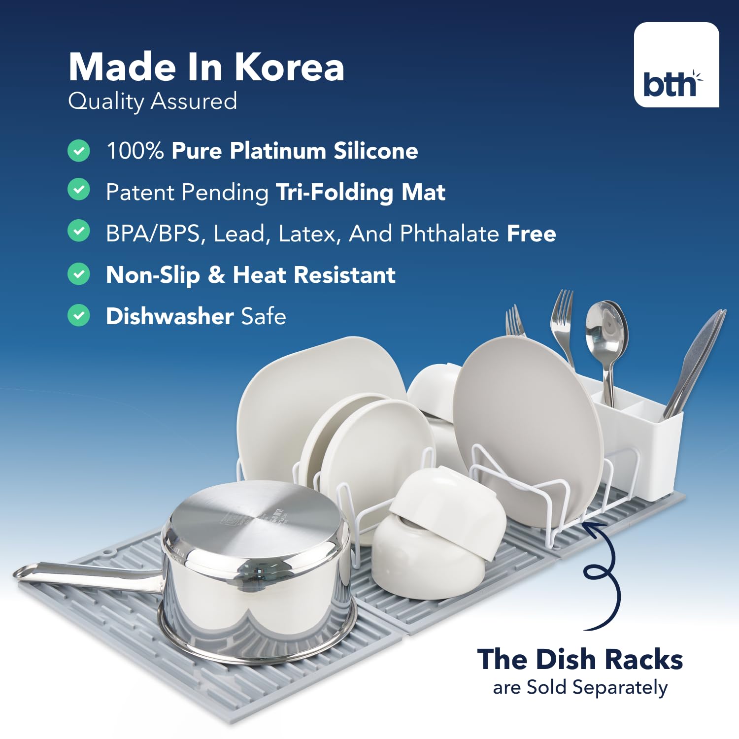 BTH Collapsible Trifold Dish Drying Mat for Kitchen Counter - Extra Large Dish Drainer Mat - Compact & Foldable Design - Durable Heat & Cold Resistant - Easy to Clean (Grey), 24