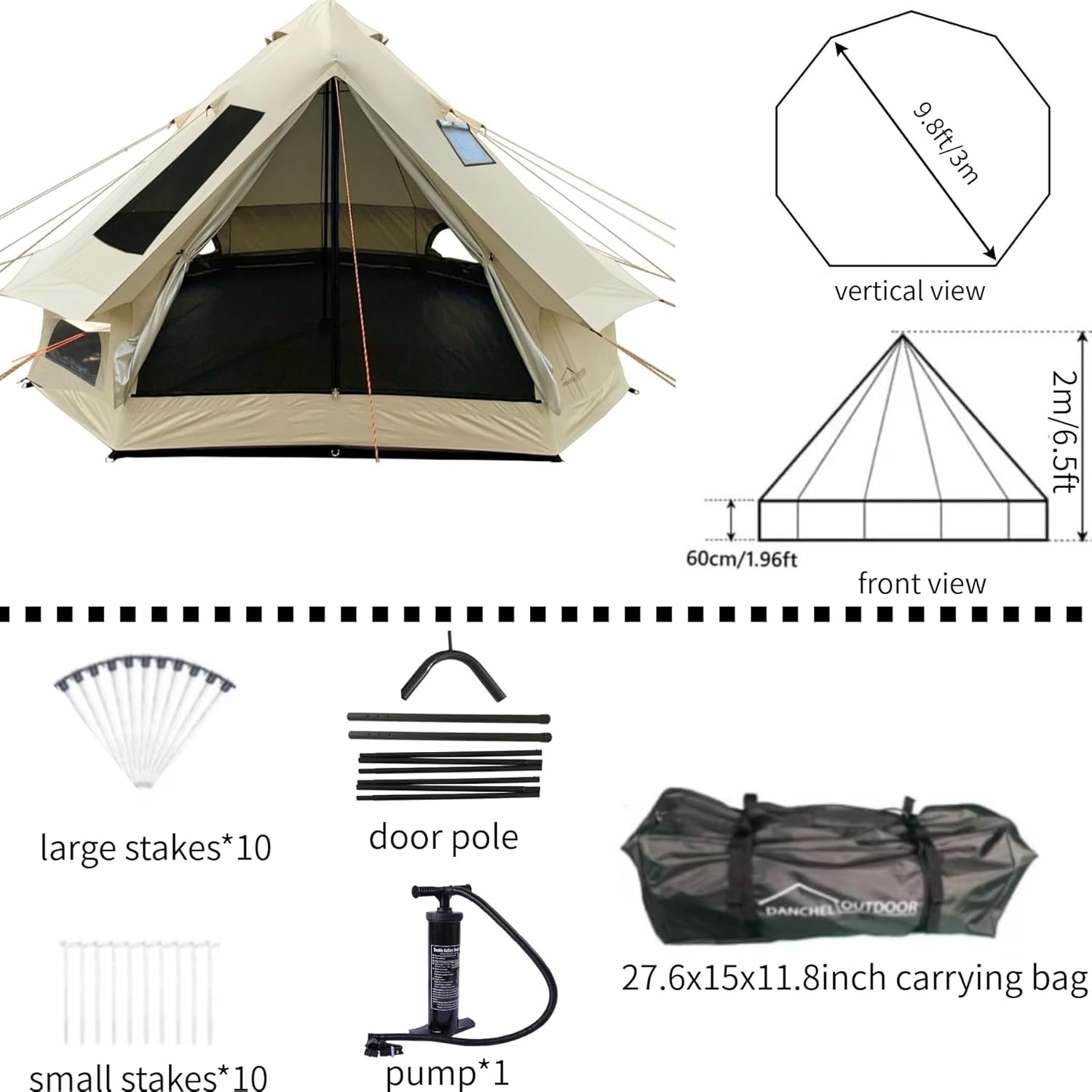 DANCHEL OUTDOOR B2I Inflatable Camping Tent 9.8ft, No Center Pole Lightweight Blow Up Bell Tent with Stove Jack, Skylight, Pump, Waterproof 300D Oxford Glamping Yurt for 1-3 Person Family