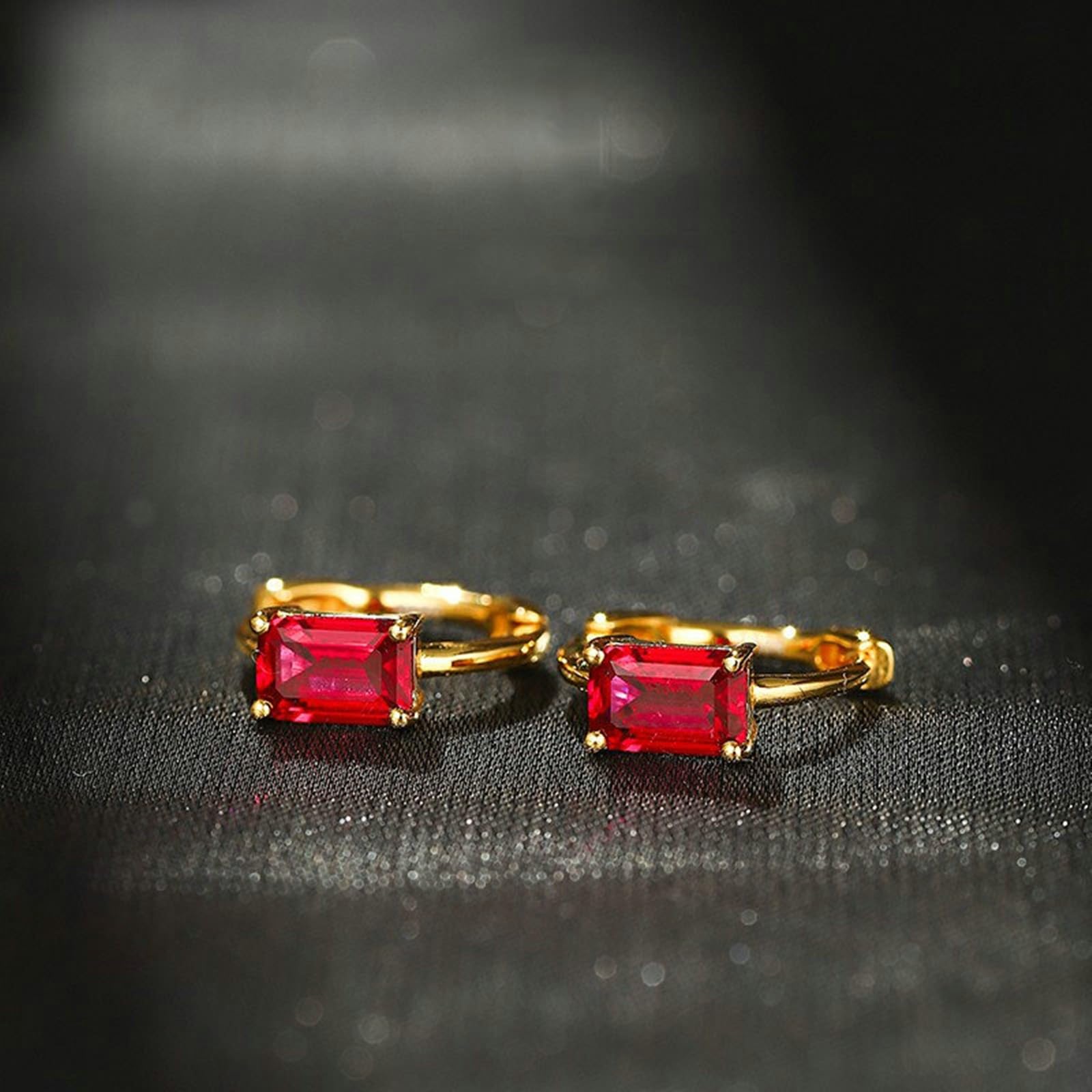 Epinki Prawdziwa biżuteria Creole Hoop żółte złoto 375, kolczyki damskie z laboratorium Rubin 1,4 ct (szlif bagietki, czerwony), kolczyki sztyfty bezniklowe 9K złoto