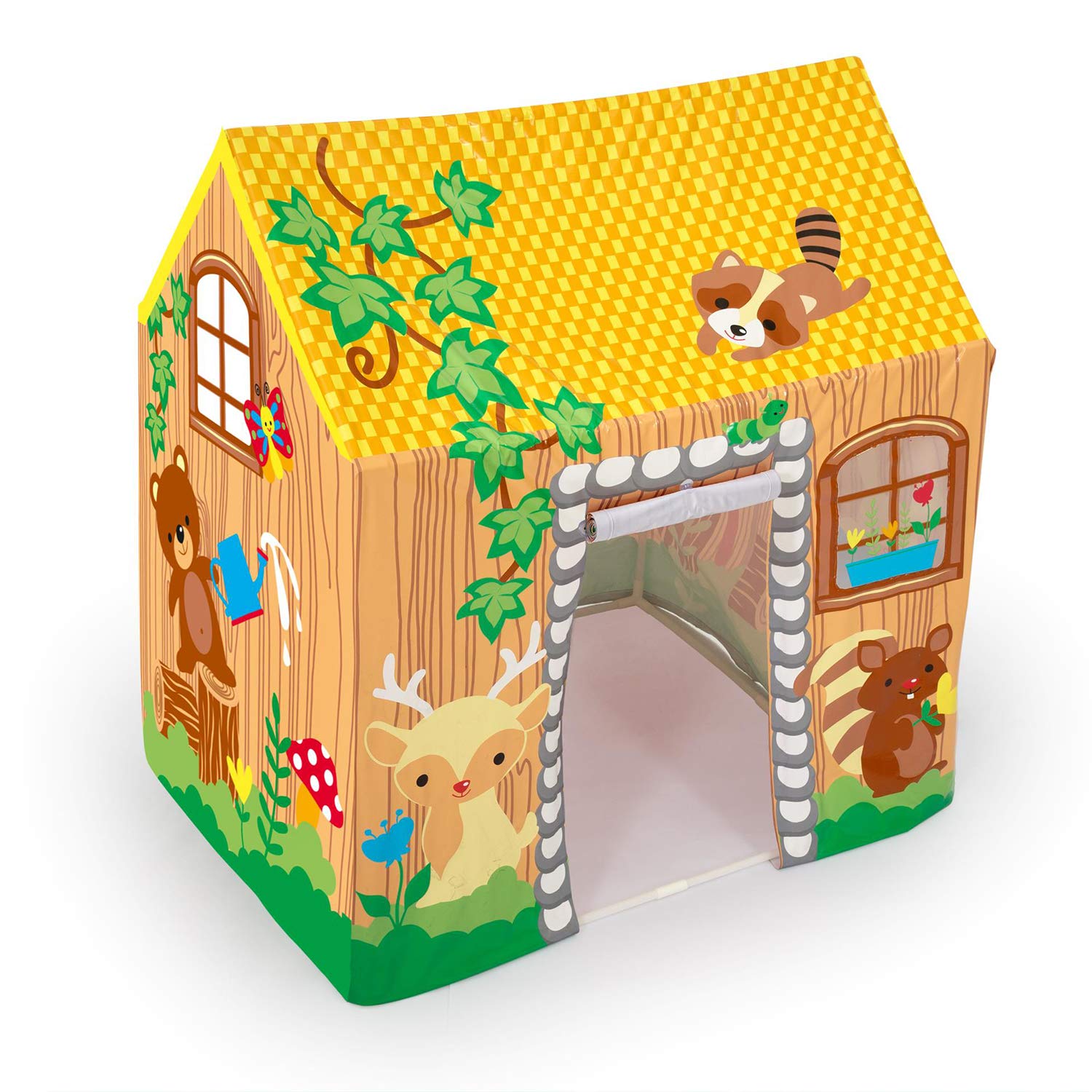 Bestway 52008B-03 Cottage Play House assembled with children playing inside and an adult watching.