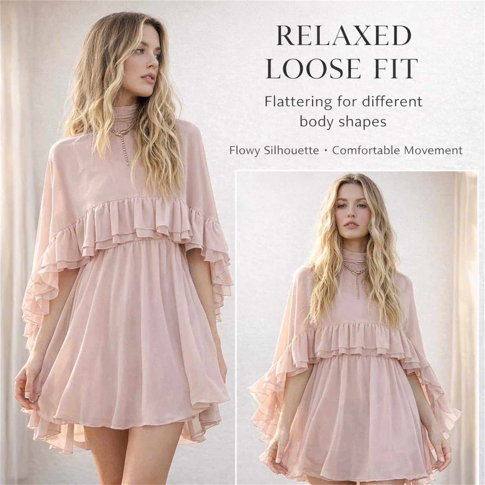 Vestido de gasa semitransparente con volantes y capa exterior, manga poncho fluido, mini vestido para trabajo, oficina, salidas informales, citas, fiestas