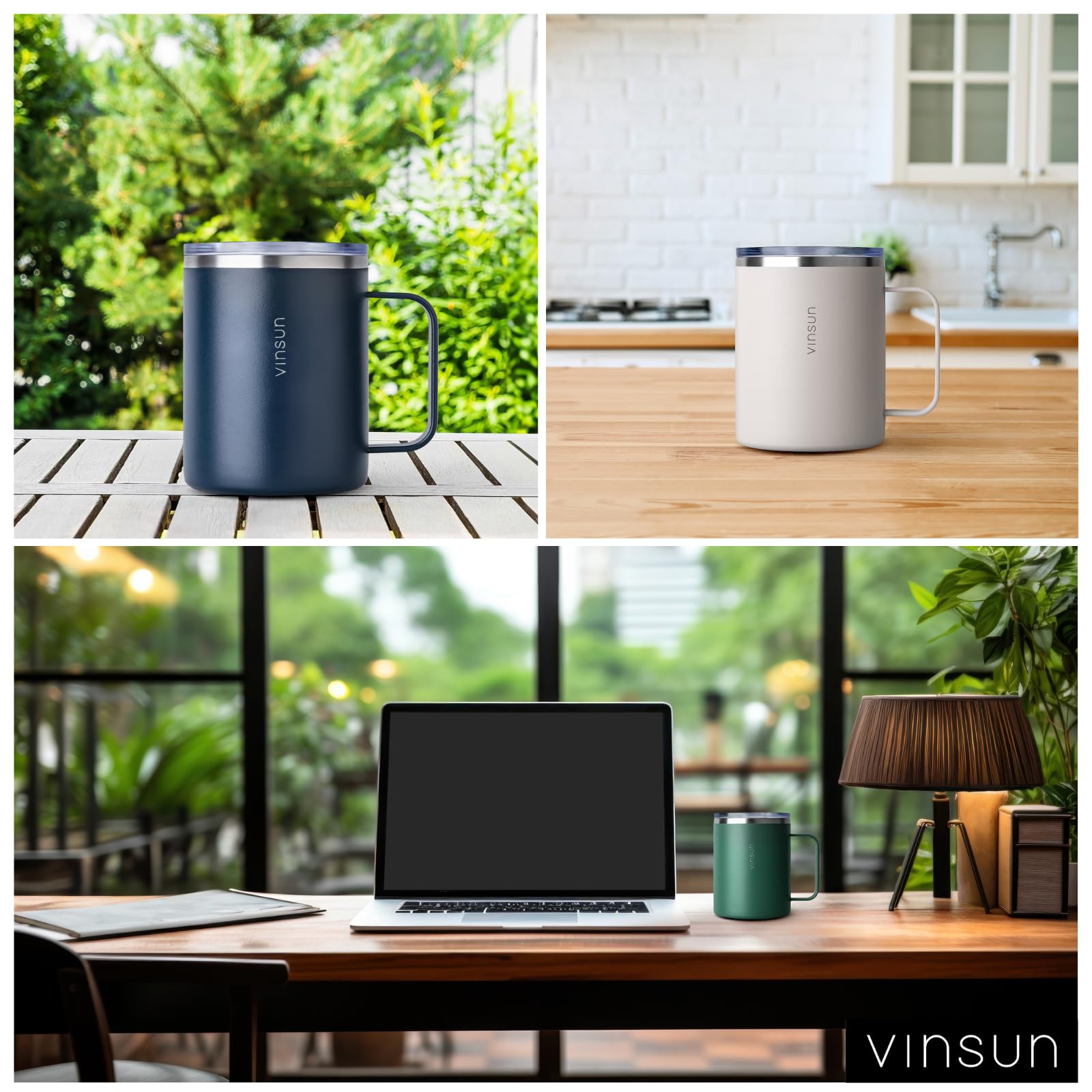 VINSUN Tazza Termica con Manico 350ml - Acciaio Inox, Coperchio Trasparente con Apertura per Bere, Senza BPA - Tazza da Viaggio Caffè per Ufficio, Scuola, Campeggio, Auto