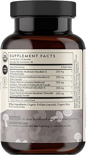 Miniatura 4 de TERRA ORIGIN Cápsulas de hongos saludables  Certificado USDA Orgánico  90 cápsulas vegetales  Hongo Reishi, melena de león  Potente apoyo