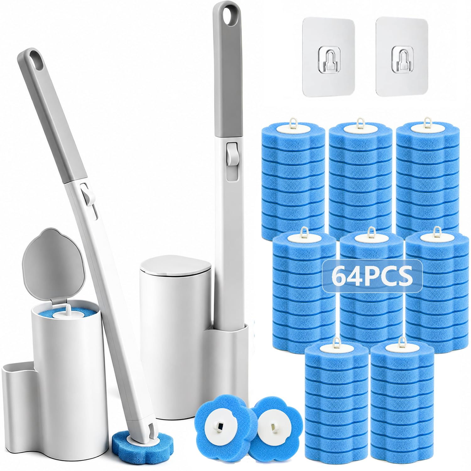 Disposable Toilet Brush 2 Pack Toilet Brush Holder Set with 64 Refill Heads