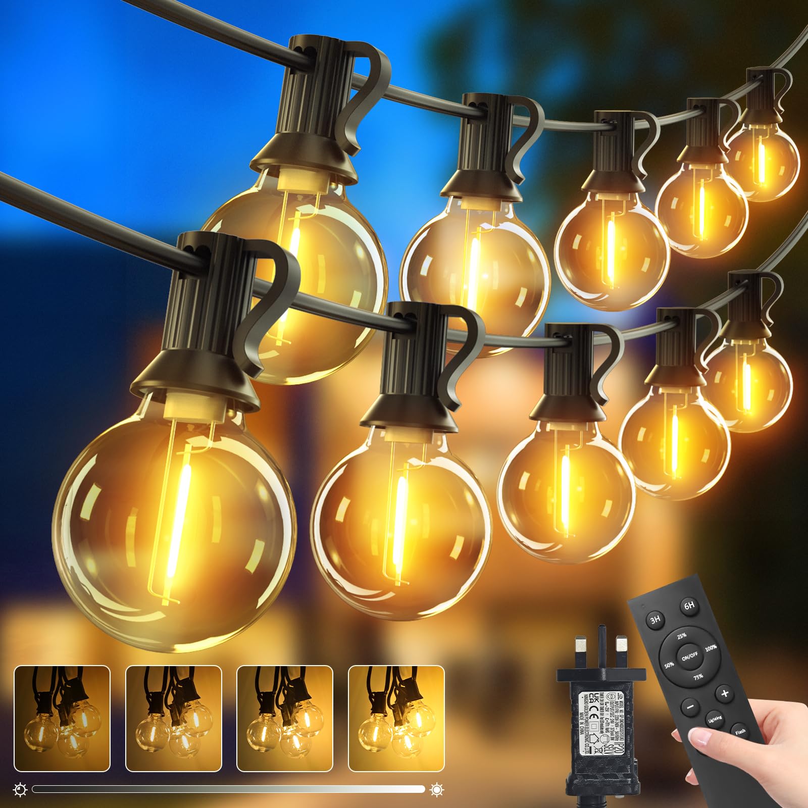 btfarm 2 Pack 30M/100FT Garden Lights Mains Powered Outdoor with Remote, Each 40+2 LED Festoon String Lights Timer Dimmable, Shatterproof G40 Bulbs Waterproof Outside Lighting for Gazebo Patio Wedding