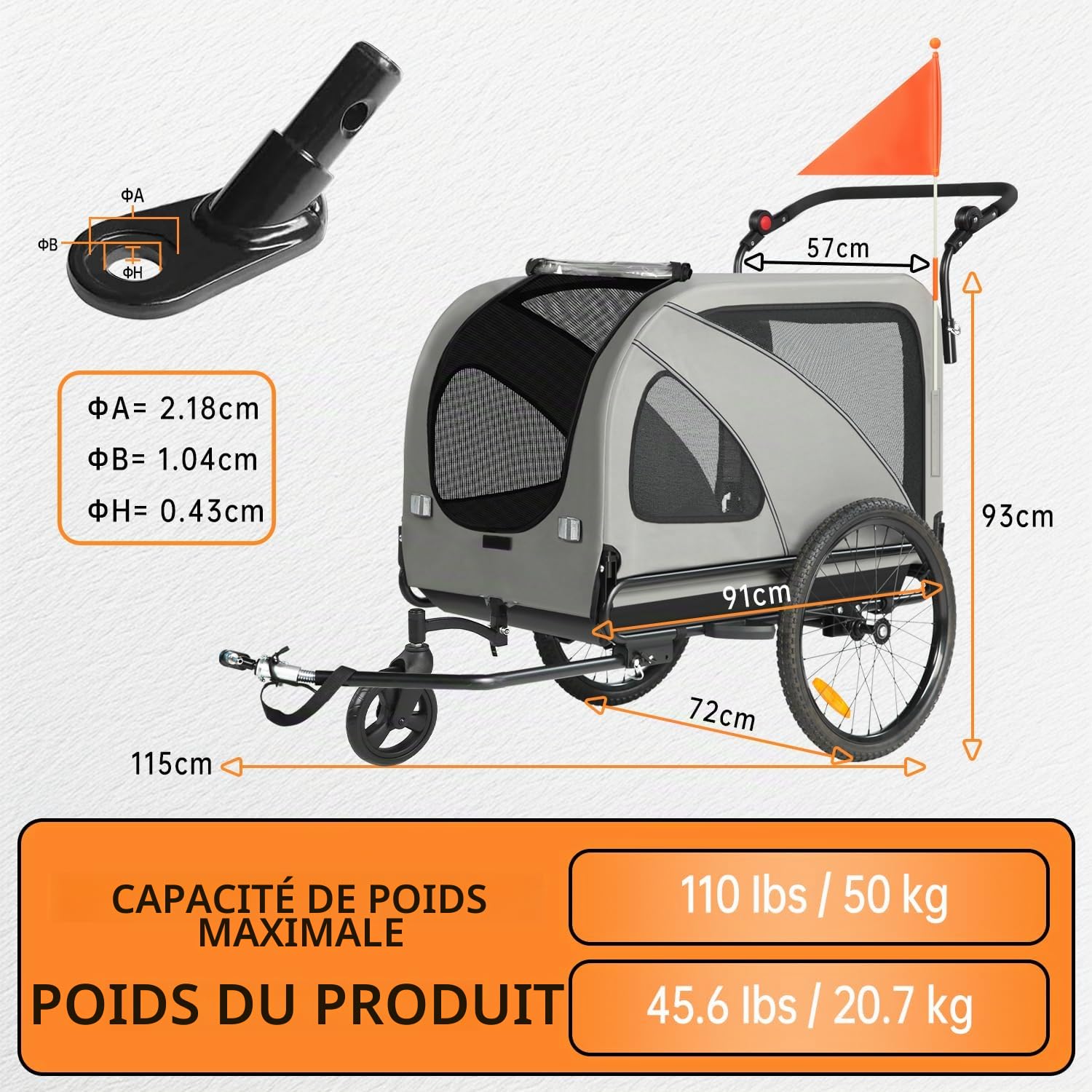 SEPNINE 2-en-1 XXL Remorque de Vélo pour Chien avec Ouverture de Toit, Réflecteurs et Bandes Réfléchissantes, avec attelage de vélo Universel, Cordes de Sécurité, Pliable, jusqu'à 50kg