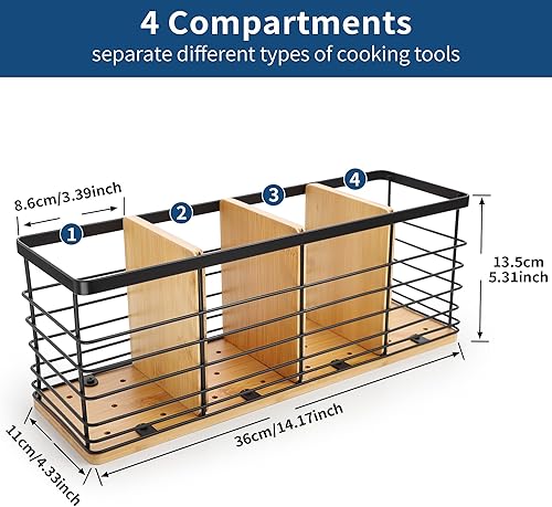 Miniatura 5 de ALOCEO Soporte para utensilios de cocina para encimera, soporte grande para utensilios de cocina negro mate con base de madera, organizador