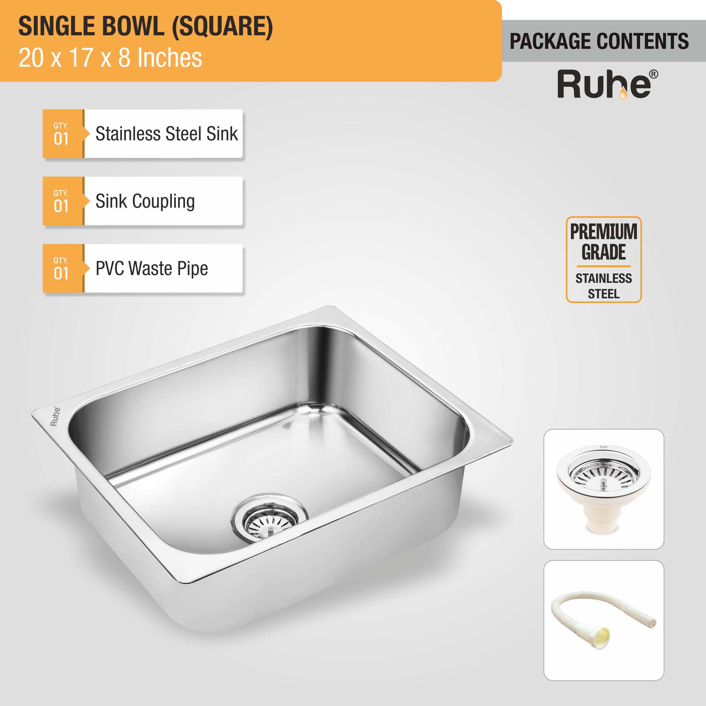 Ruhe® Kitchen Sink | Square Bowl Stainless Steel Kitchen Sink | (20x17x8 Inches) | Glossy Finish with Sink Coupling and Waste Pipe 2