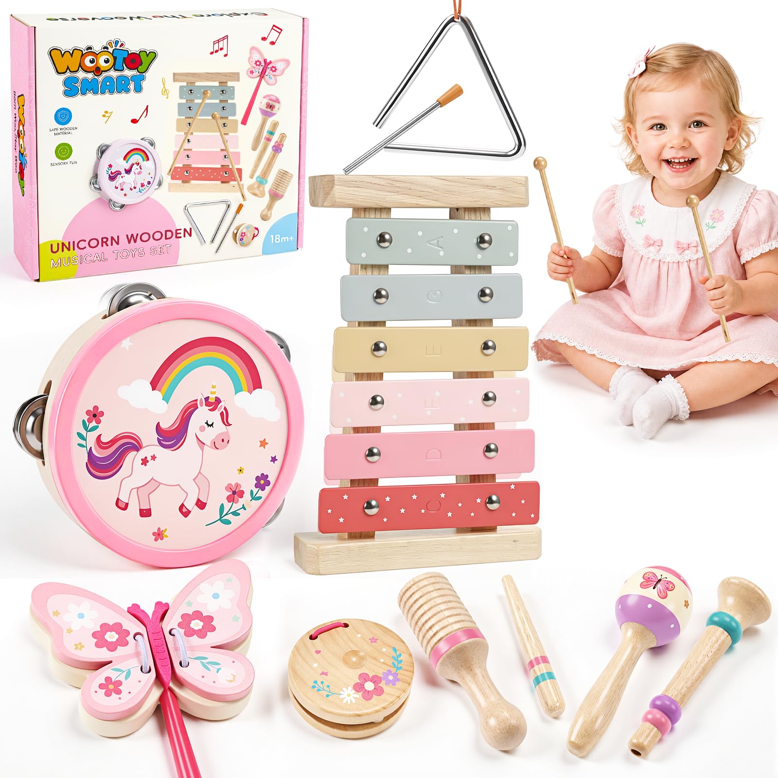 Wootoyz Wooden Toy Unicorn Drum Kit, 1 2 3 Year Old Girl Gifts for 1 2 3 Year Olds Girl Toys Age 1-5 Birthday Gifts for Girls Baby Toys Unicorn Gifts for Girls Educational Montessori Toys Music Pink