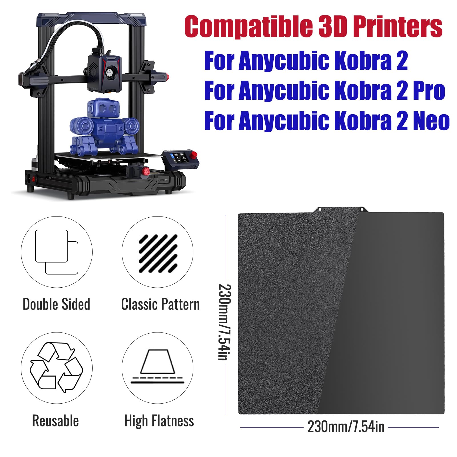 Placa de impresión PEI 230 x 230 mm, lisa y texturizada PEI Spring Steel cama de impresión PEI Build Plate para Anycubic Kobra 2/Kobra 2 Pro/Kobra 2 Neo 3D Plataformas