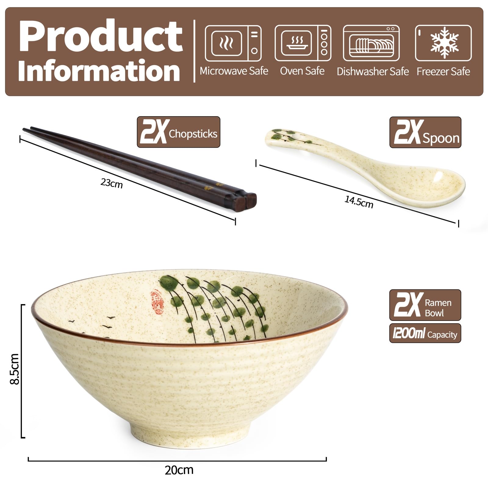 HLWDXno1 Ramen Bowl Set of 2 Ceramic Noodle Bowl with Chopsticks & Spoons 1200ml Large Soup Bowls Japanese Style Retro Porcelain Microwave Tableware Ramen Gift Set for Salad,Pho,Pasta,Udon - Image 2