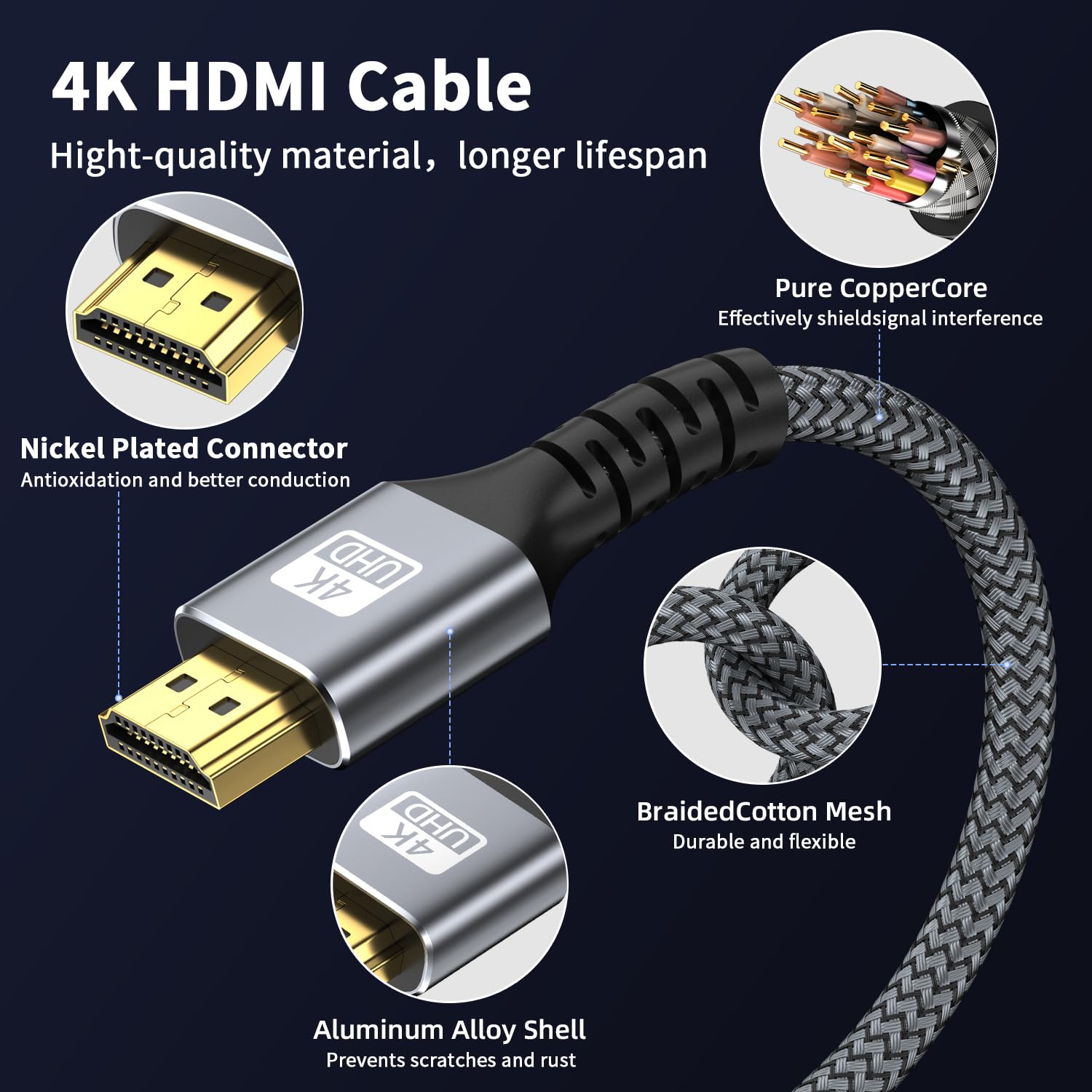 4k Cavo Hdmi 10m Ultra Alta Velocità Cavo 2.0 HDMI 4K@60HZ 3D ARC Placcato Oro Connettore Ethernet Audio Video Ritorno HDMI per UHD TV Monitor Laptop PS4/PS5 ect.(Argento)