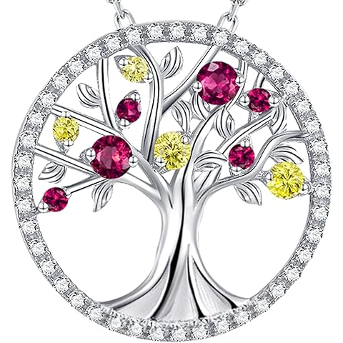 Tree of Life Necklace Christmas Jewelry Birthday Gifts for Wife Mom December January Birthstones Necklace Blue Topaz Garnet Amethyst and More Stones Jewelry 925 Sterling Silver