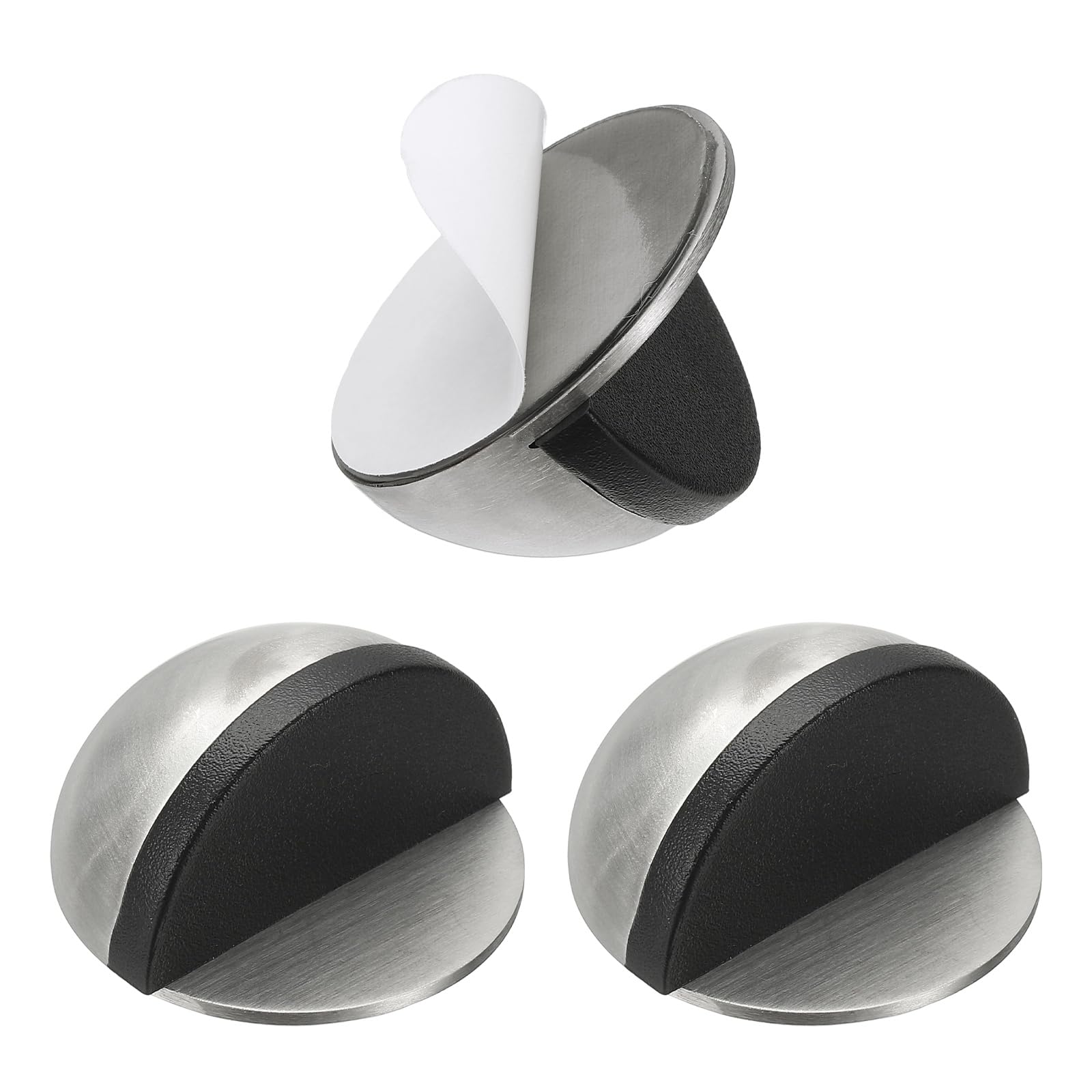 PATIKIL 3 Pcs Doorstops, Stainless Steel Door Stop Self Adhesive Metal Wedge Door Protector Half Moon Round for Bottom of Door Floor Inside Bedrooms Bathrooms Offices, Silver Tone